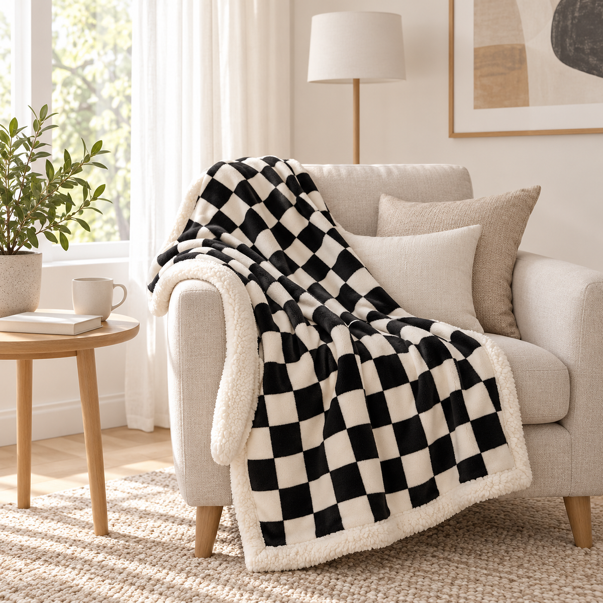 Sevorla black and cream checkerboard throw blanket for couch open over a reading chair back and seat in a bright corner