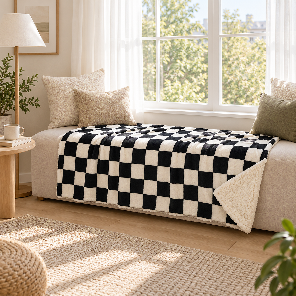 Sevorla black and cream checkered throw blanket laid open for lap use on a bright landing window seat