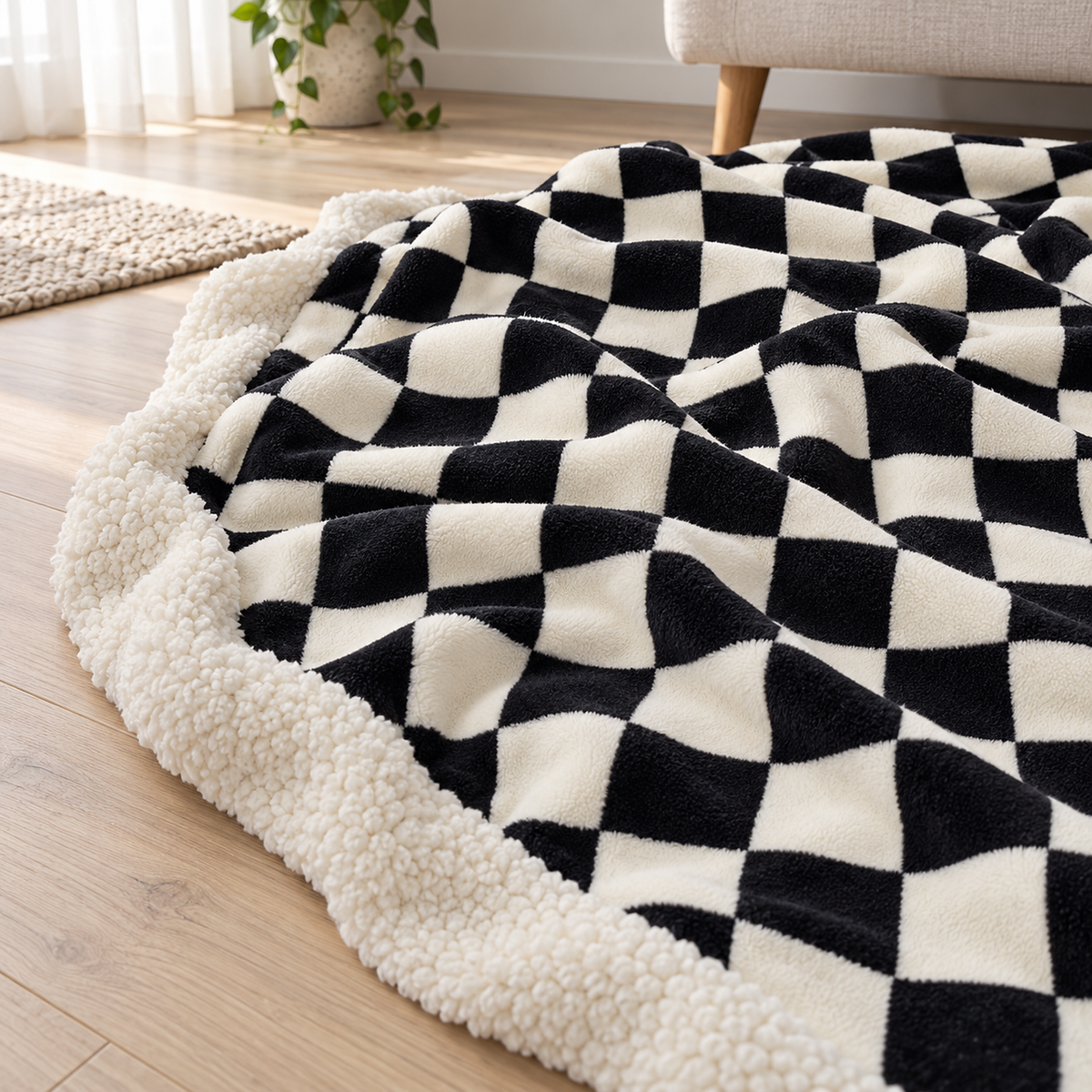 Sevorla black checkerboard fleece throw blanket close up showing black and cream checks and short face pile