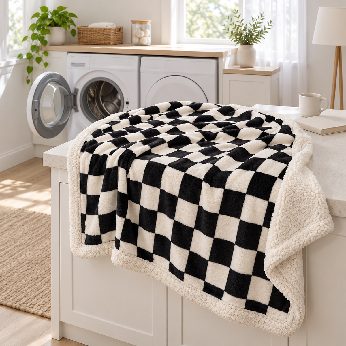 Sevorla black checkerboard throw blanket beside a washer and dryer for a gentle cold wash and low tumble dry