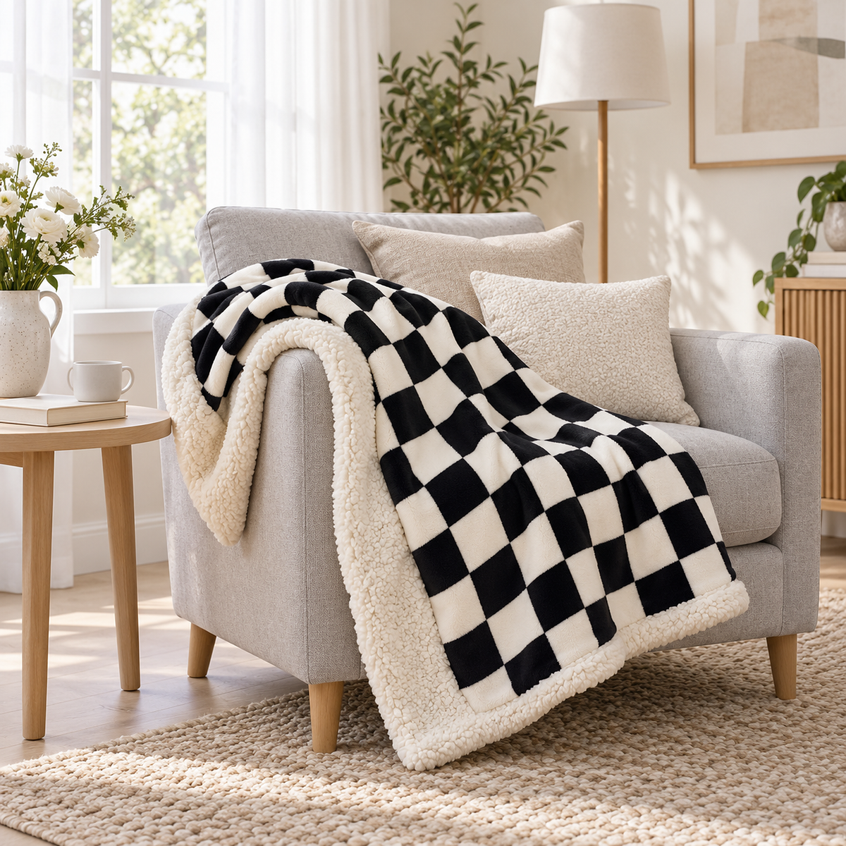 Sevorla black checkerboard throw blanket for couch left open over a chair in a sitting room corner