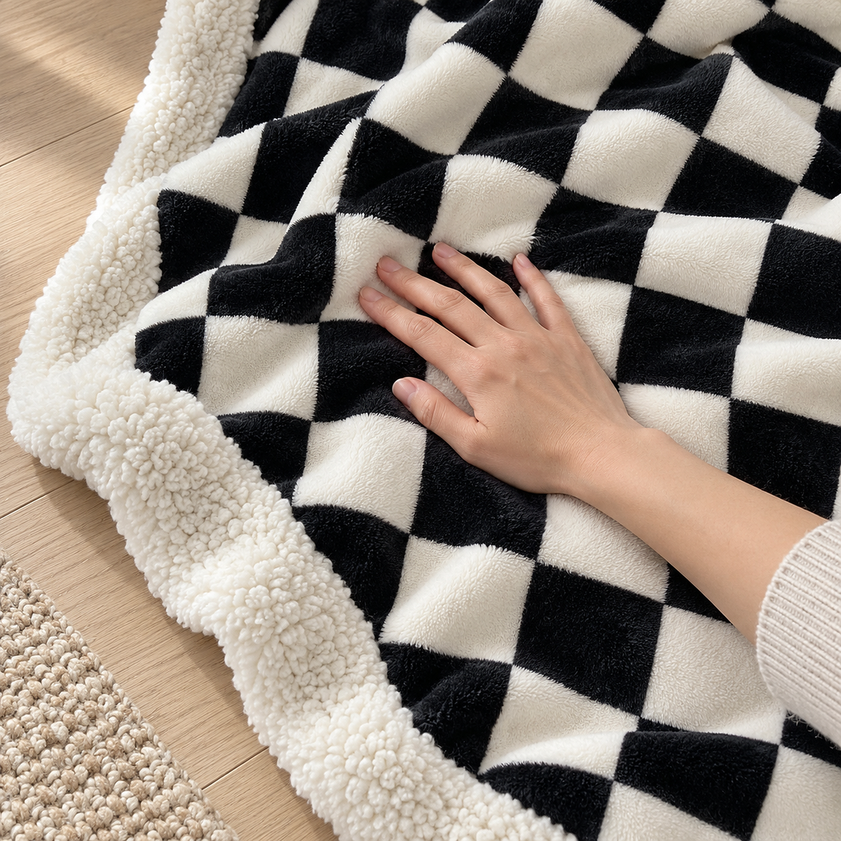 Sevorla black checkerboard throw blanket for couch with an adult hand pressing into its fleece face
