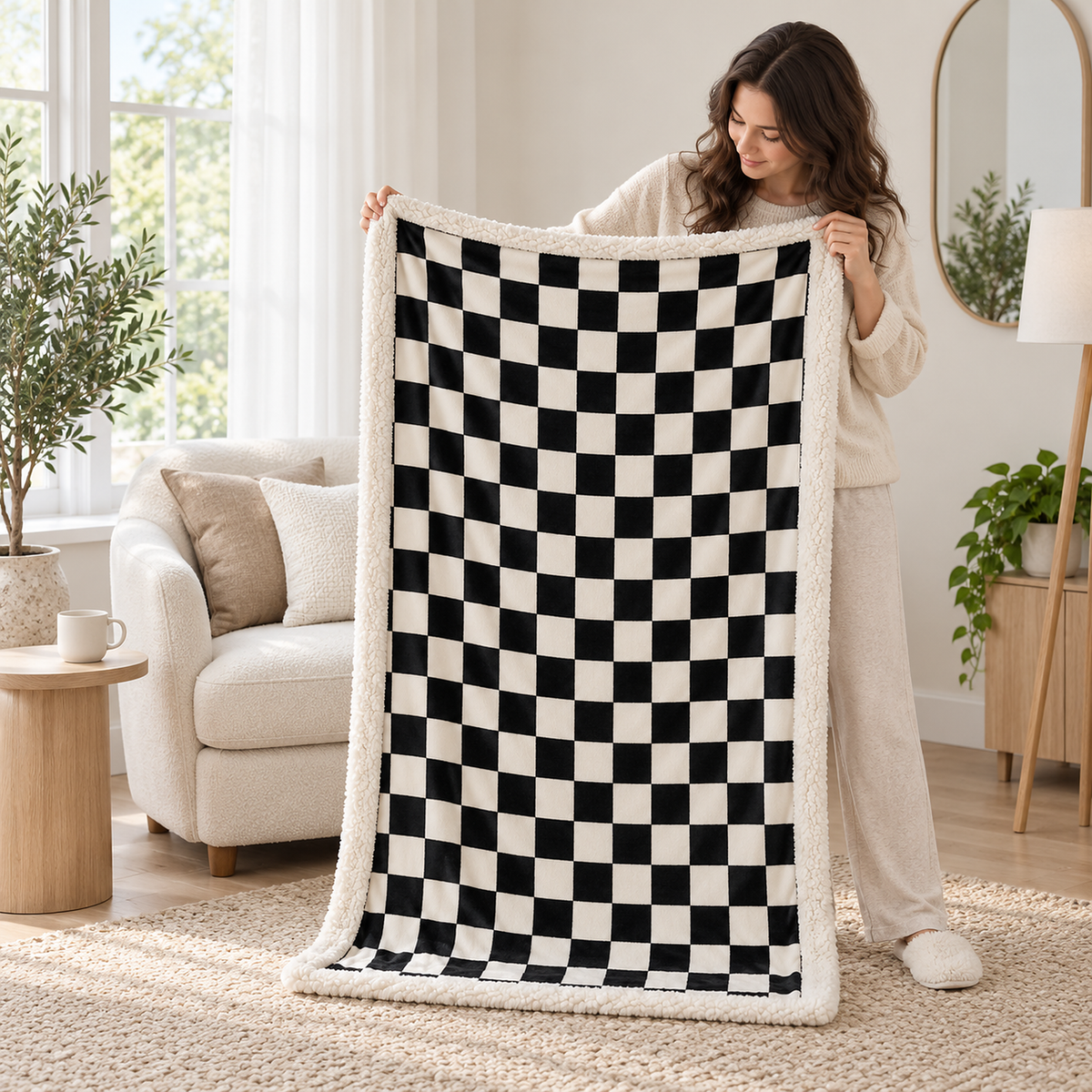 Sevorla black throw blanket held fully open against a standing adult to show its size in a library corner