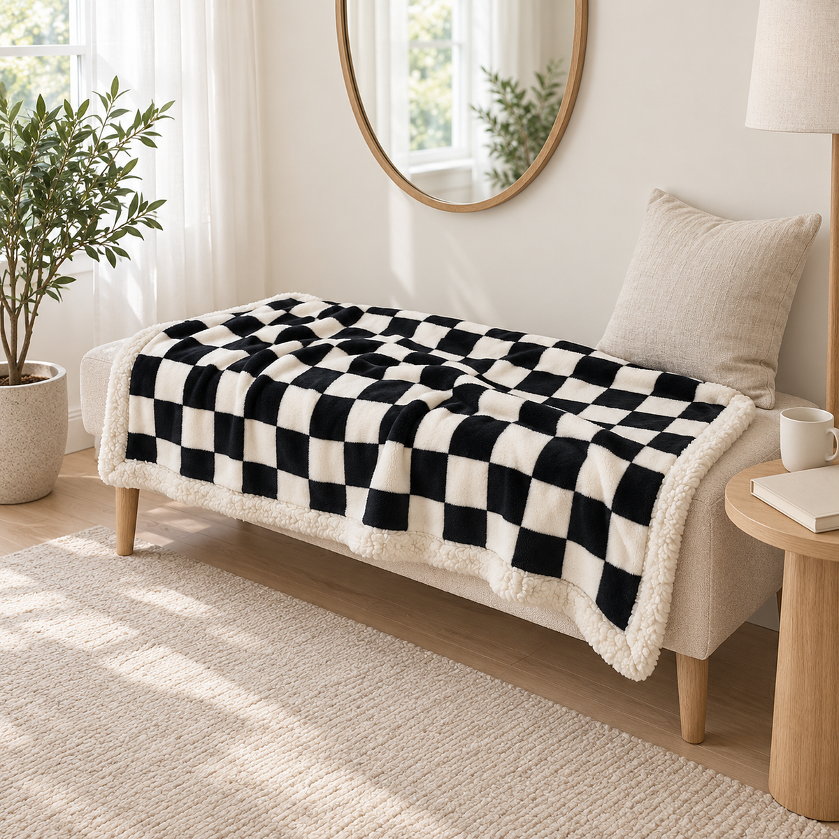 Sevorla black throw blanket in checkerboard fleece opened across a pale upholstered bench in a dressing alcove