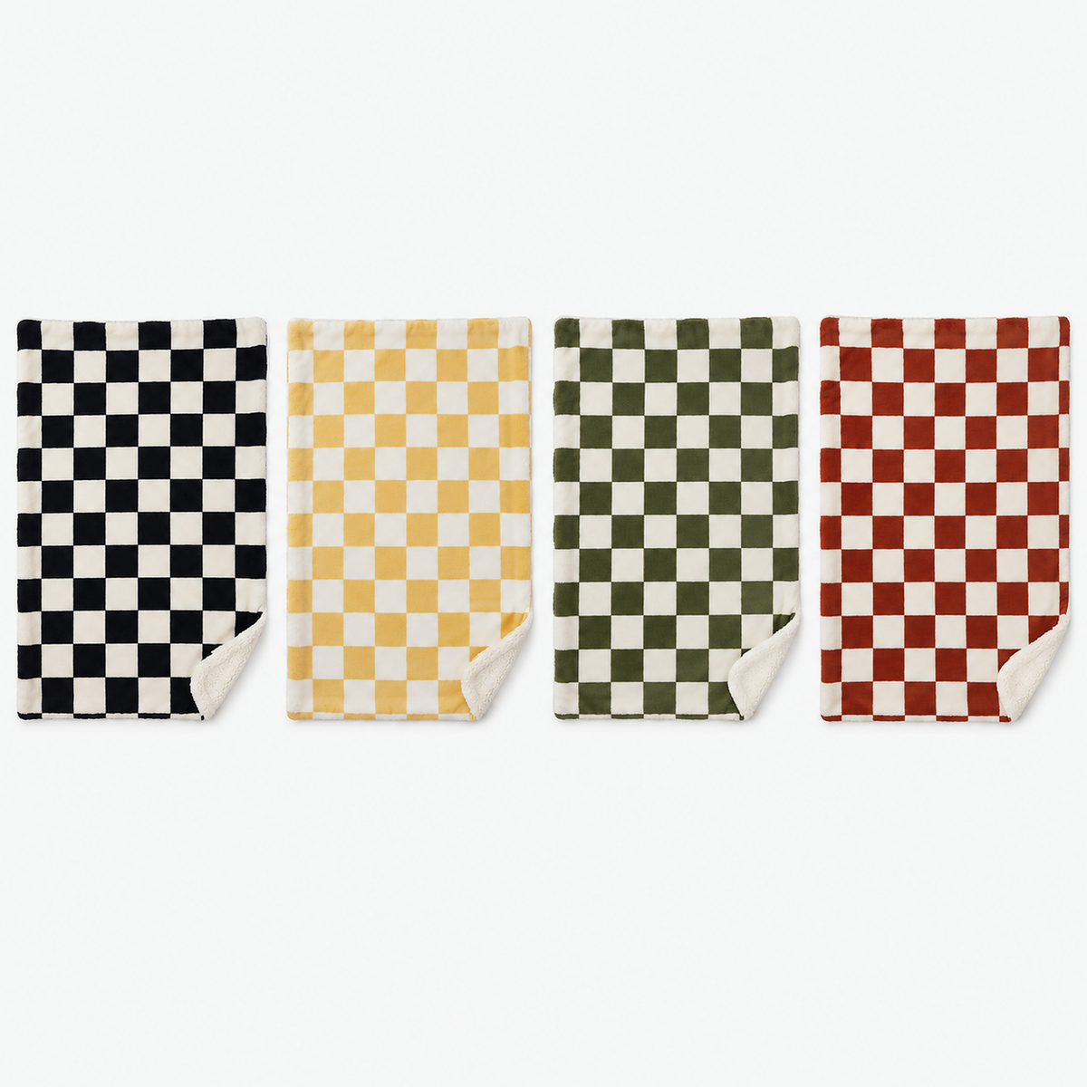 Sevorla checkerboard fleece throw blanket in black, yellow, green and red compared side by side