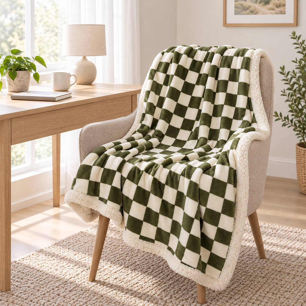 Sevorla green throw blanket opened over a writing chair beside the window in a nook #color_green