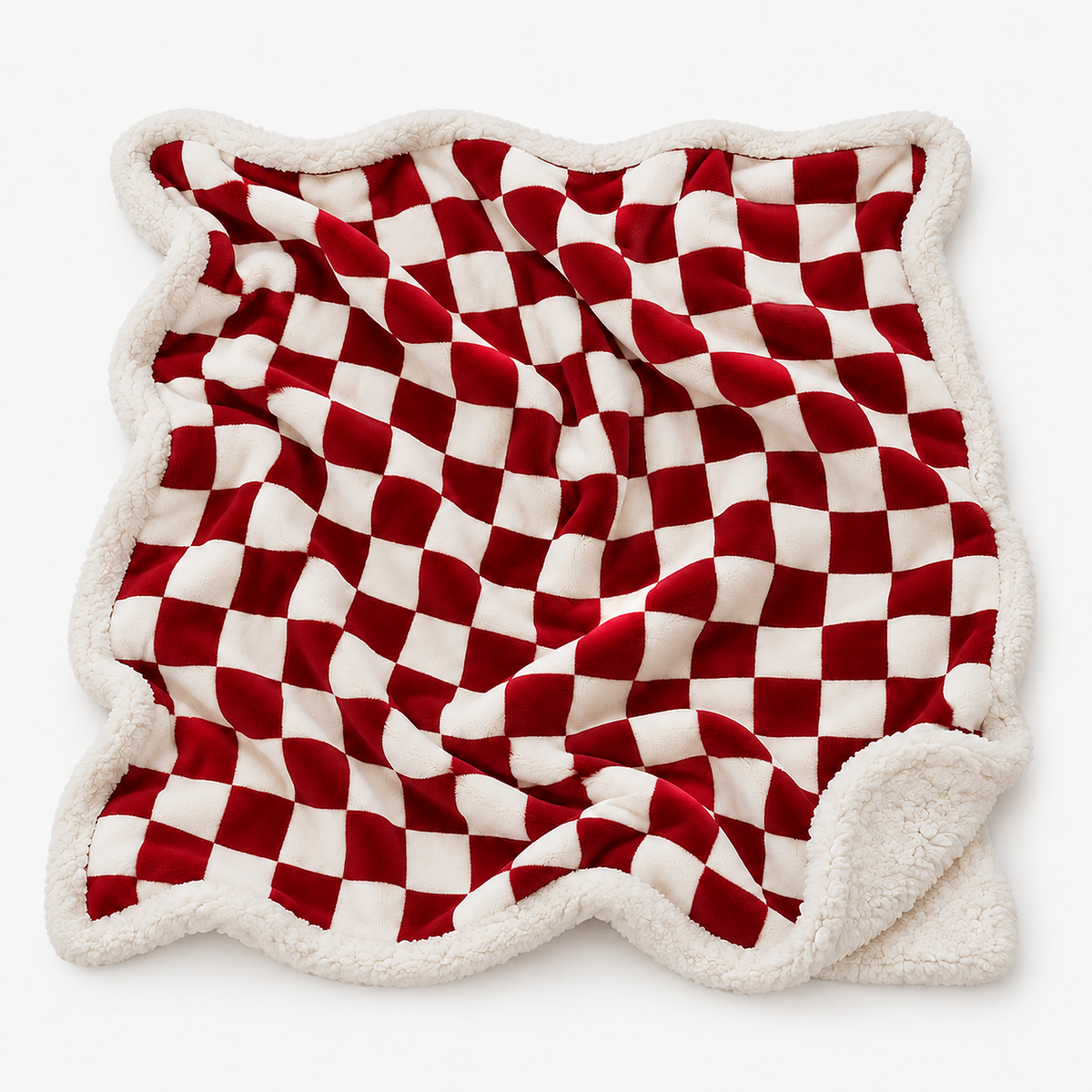 Sevorla red checkerboard fleece throw blanket spread fully open on a plain seamless backdrop #color_red