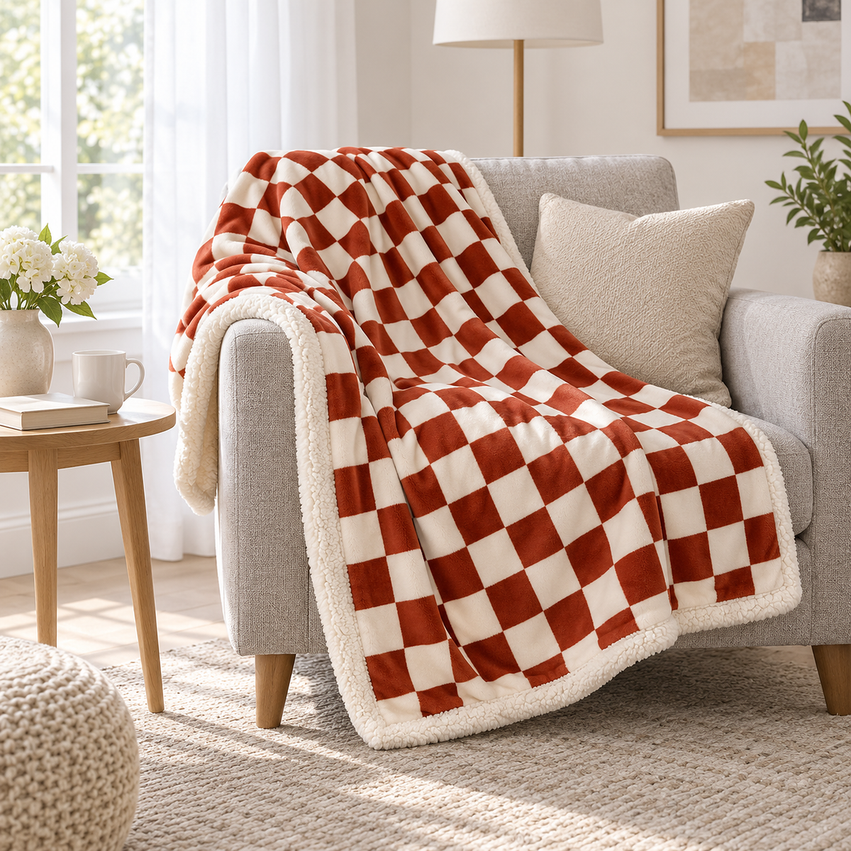 Sevorla red checkerboard throw blanket decorating a chair in a daylit sitting corner #color_red