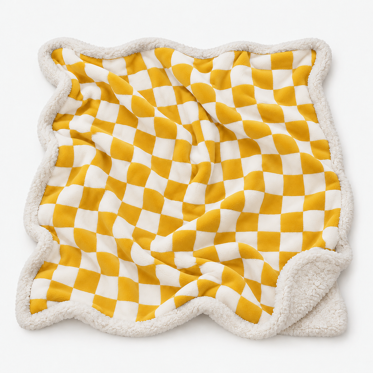 Sevorla yellow checkerboard fleece throw blanket laid fully open on a plain seamless backdrop #color_yellow