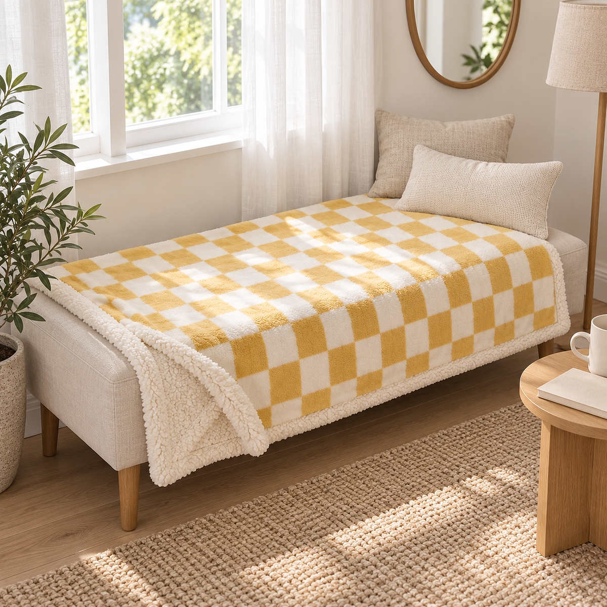 Sevorla yellow checkerboard throw blanket spread open along a cushioned window bench #color_yellow