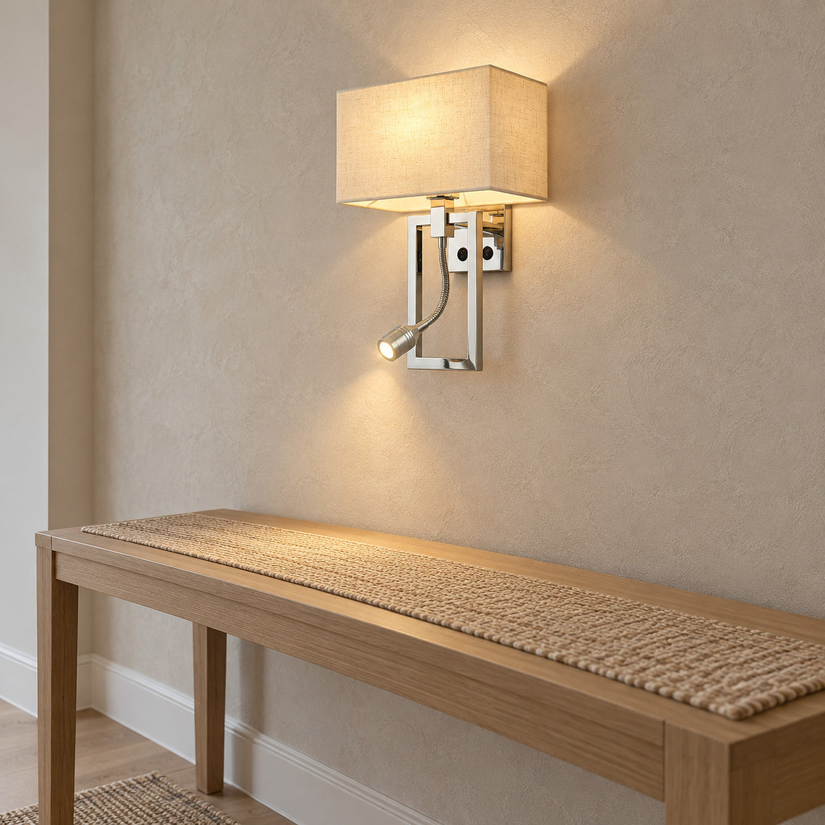 Silarno chrome hardwired wall sconce showing switch controls and adjustable gooseneck reading head in an entry hall