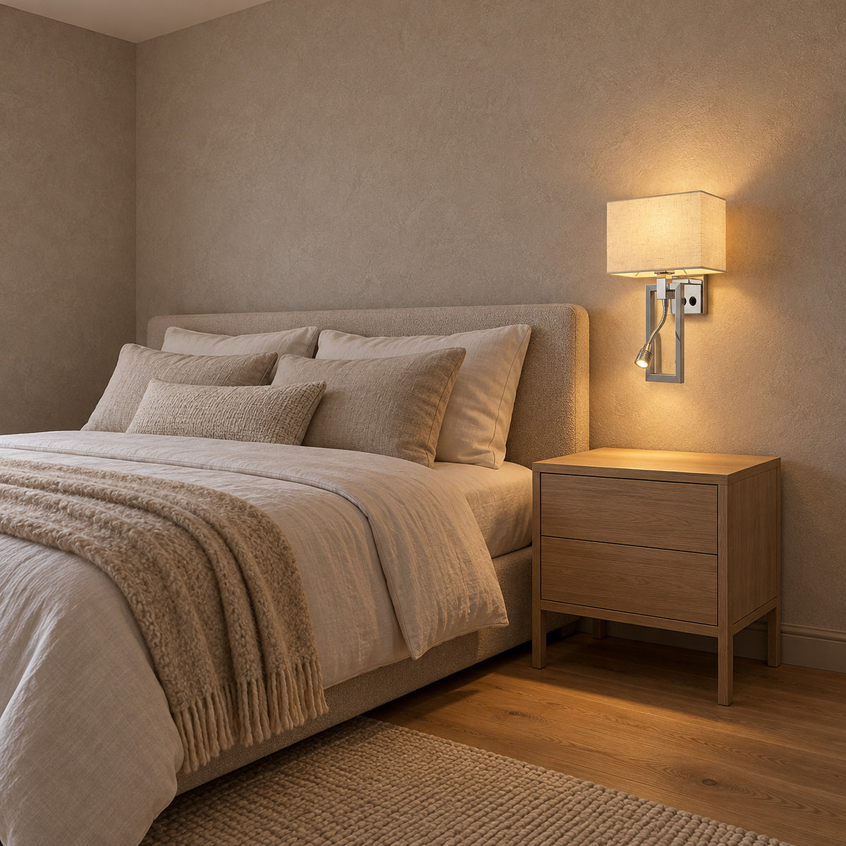Silarno chrome wall light with a white fabric shade, lit above an empty guest bedroom nightstand