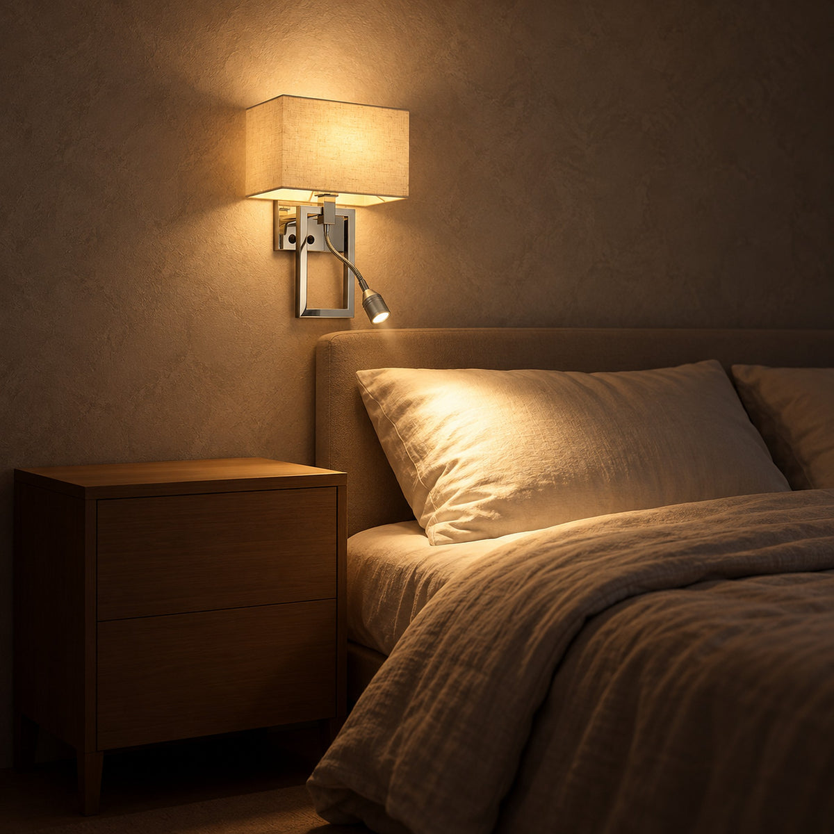 Silarno chrome wall sconce with gooseneck reading lamp casting light onto a pillow in a bedroom at night