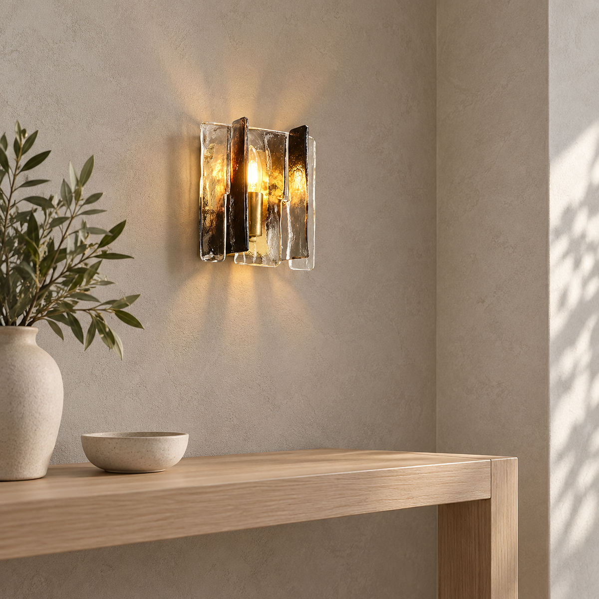 Simaelo black glass wall lamp with its included bulb installed upright and lit