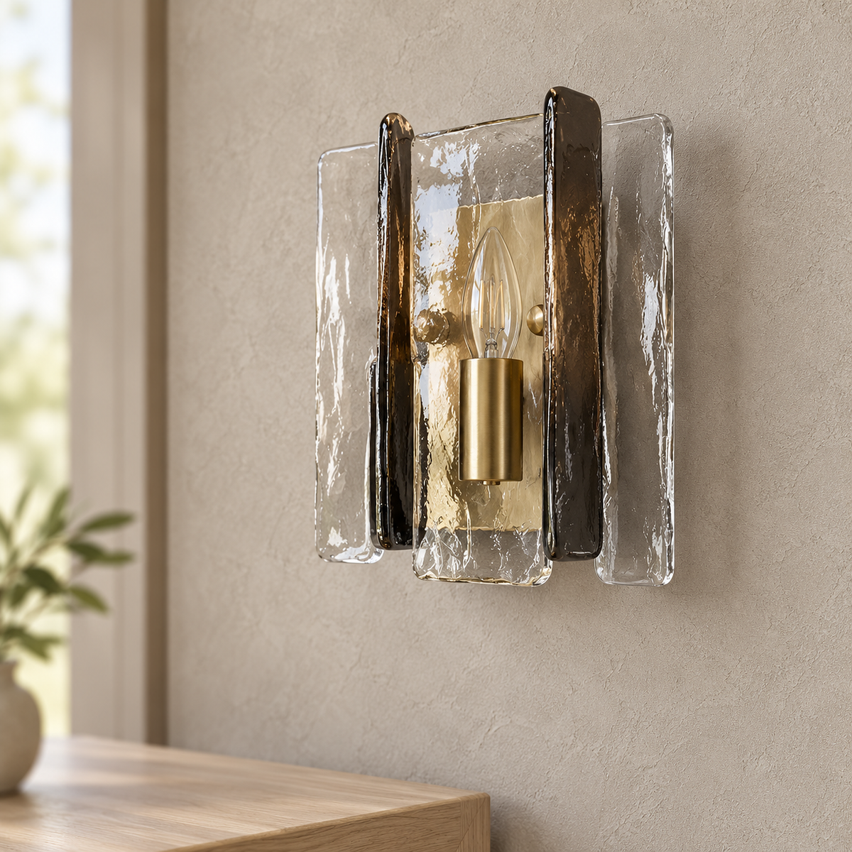 Simaelo black wall light in close detail showing its rounded textured glass panels