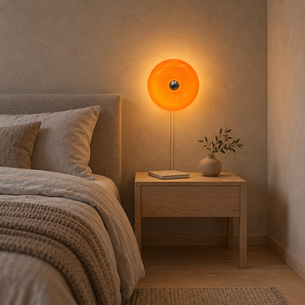 Siravel orange bedside wall light with a reflective center glowing beside a bed