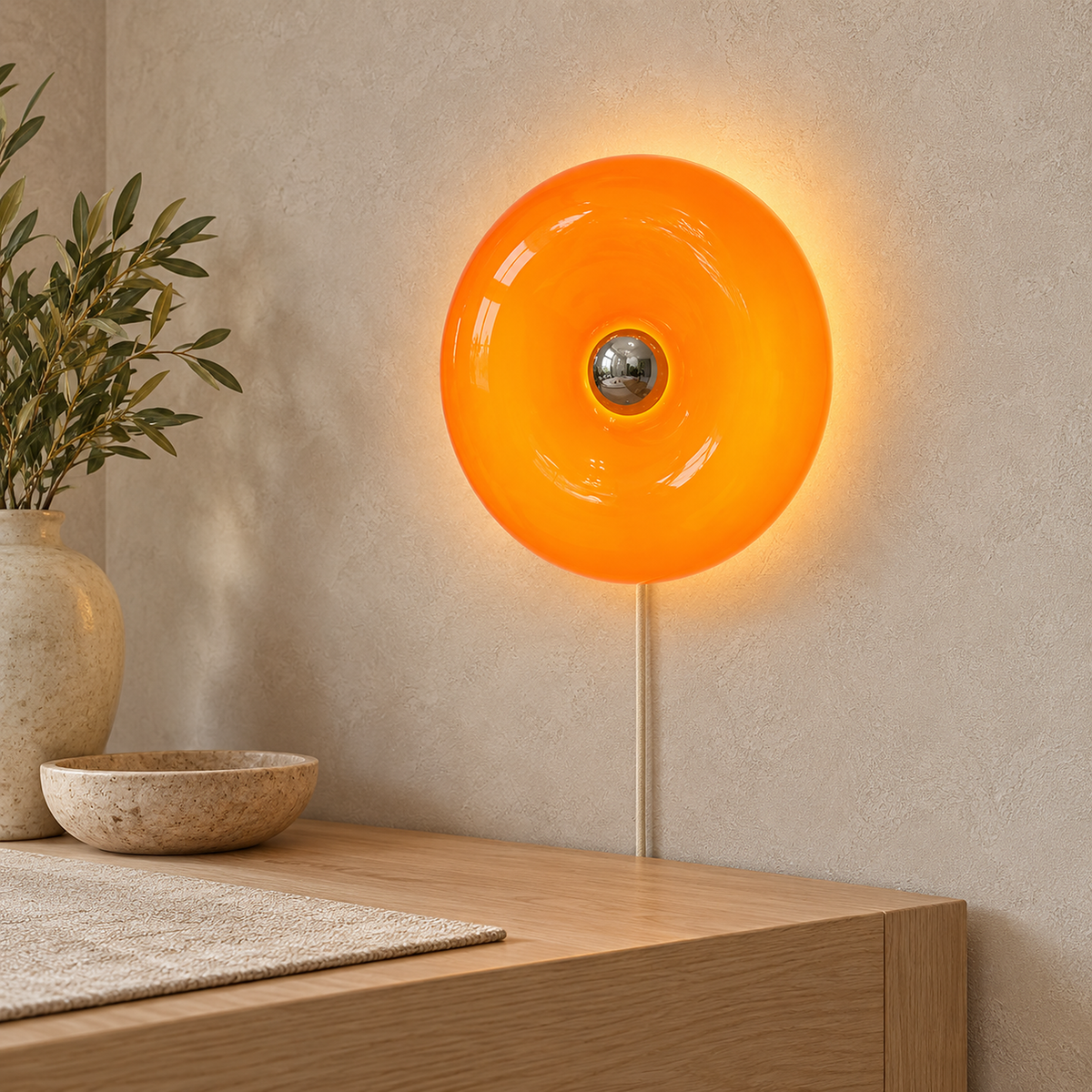 Siravel orange LED wall sconce glowing above an entryway console in daylight