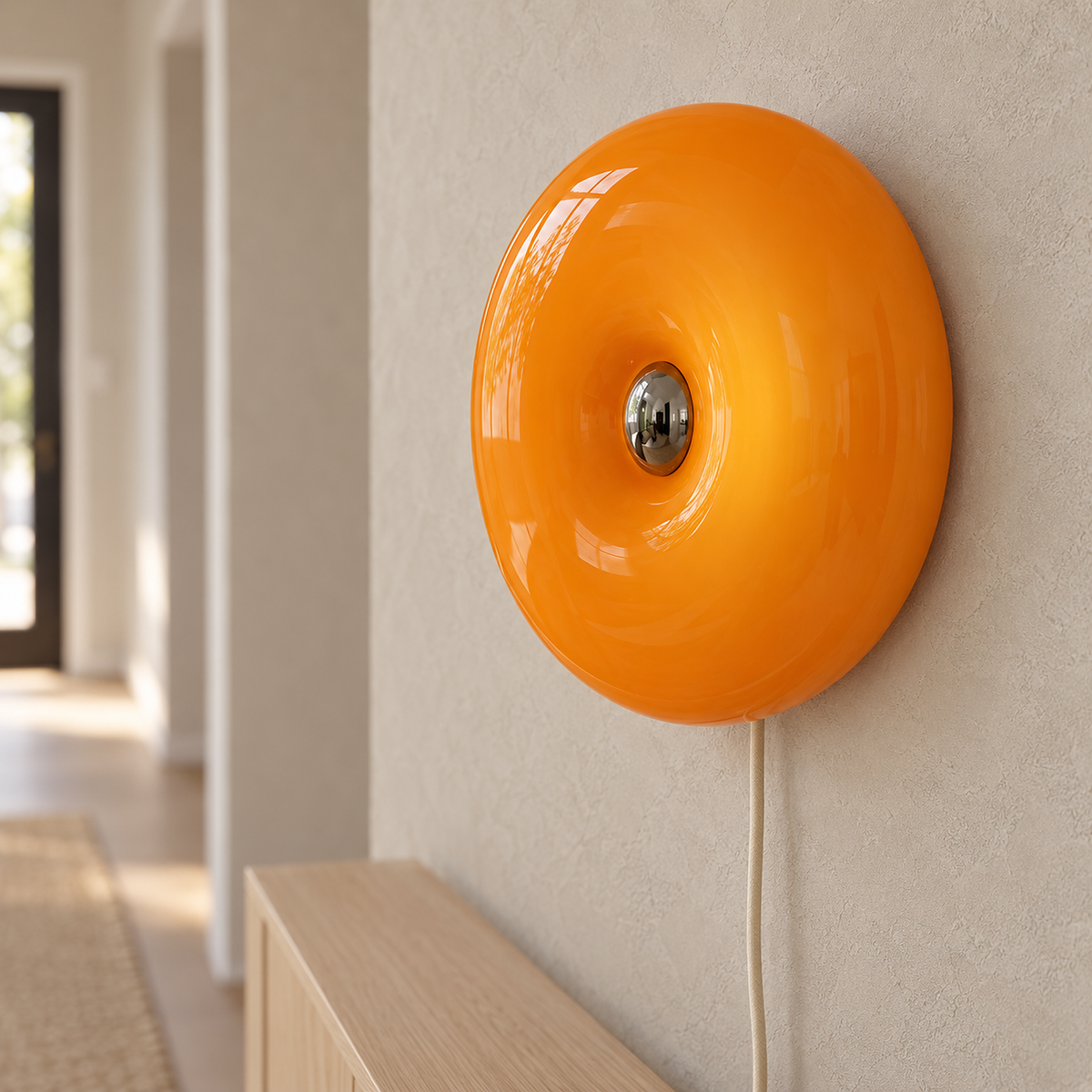 Siravel orange wall sconce close up showing the glass rim and reflective center in daylight