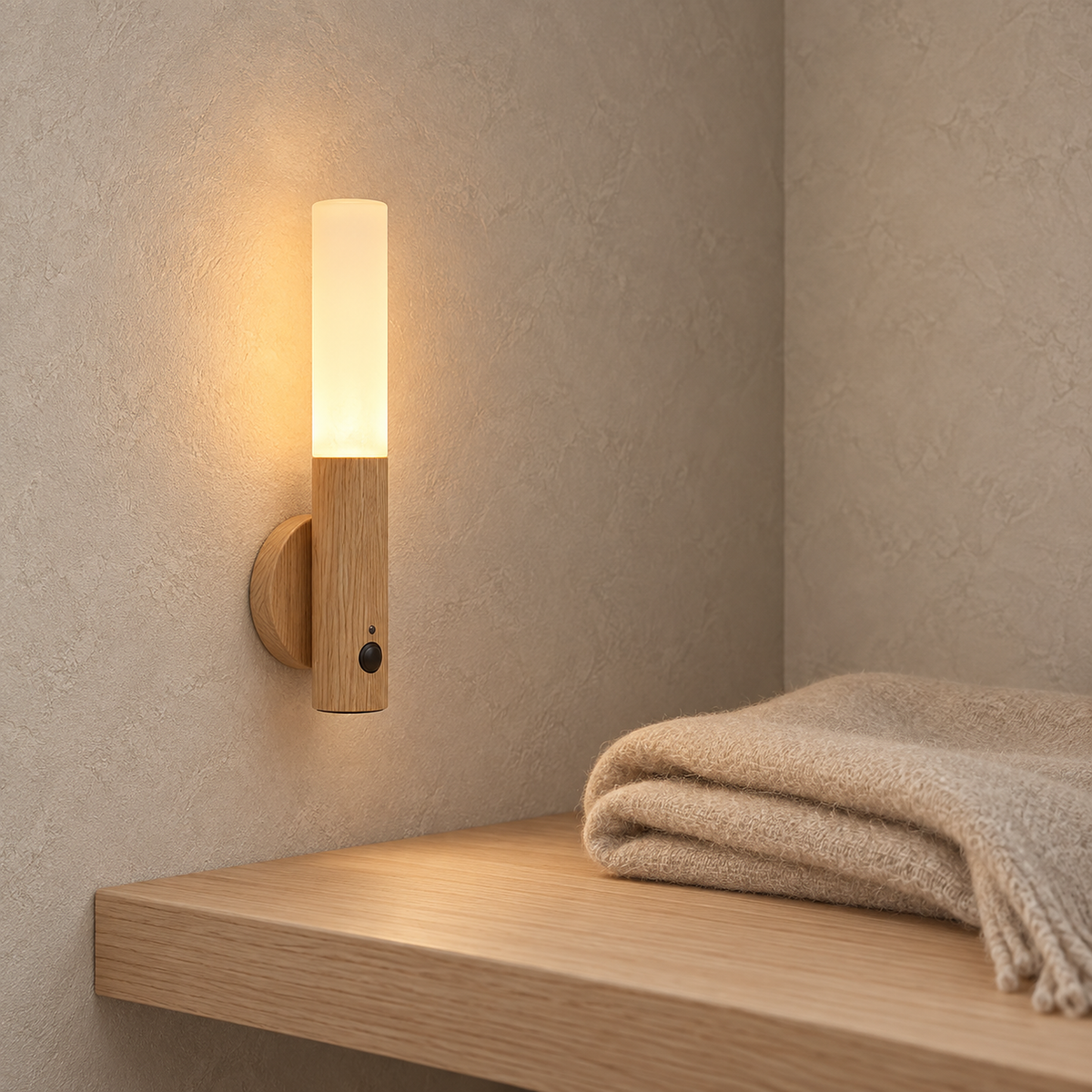 Solavre natural wood battery operated wall sconce lit above a dressing shelf corner in daylight #color_natural wood