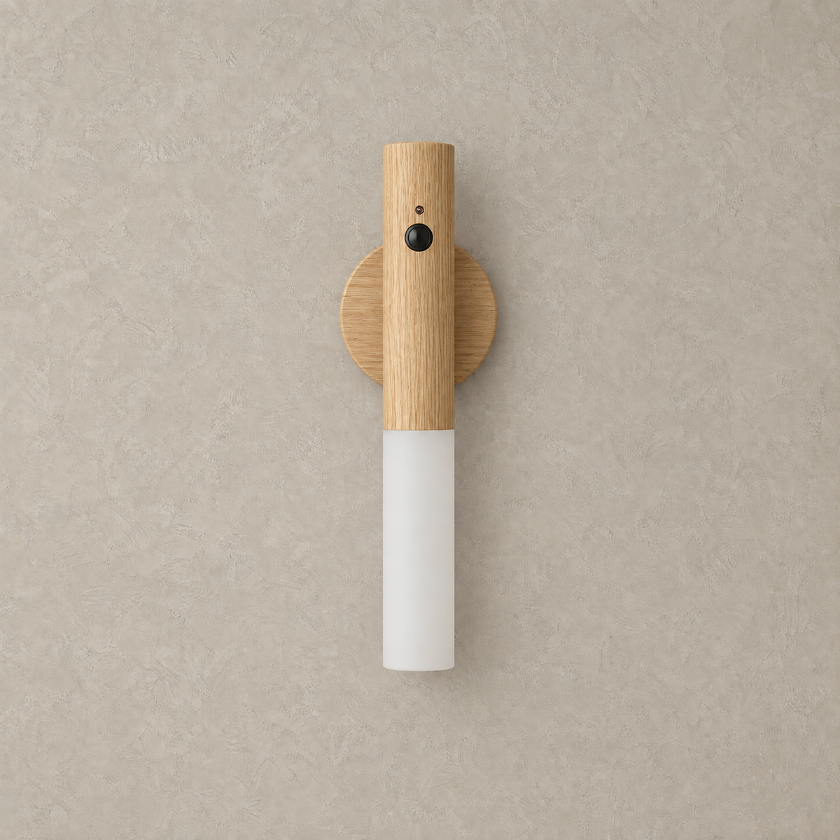 Solavre natural wood rechargeable wall sconce unlit on a plain plate showing its wood finish #color_natural wood