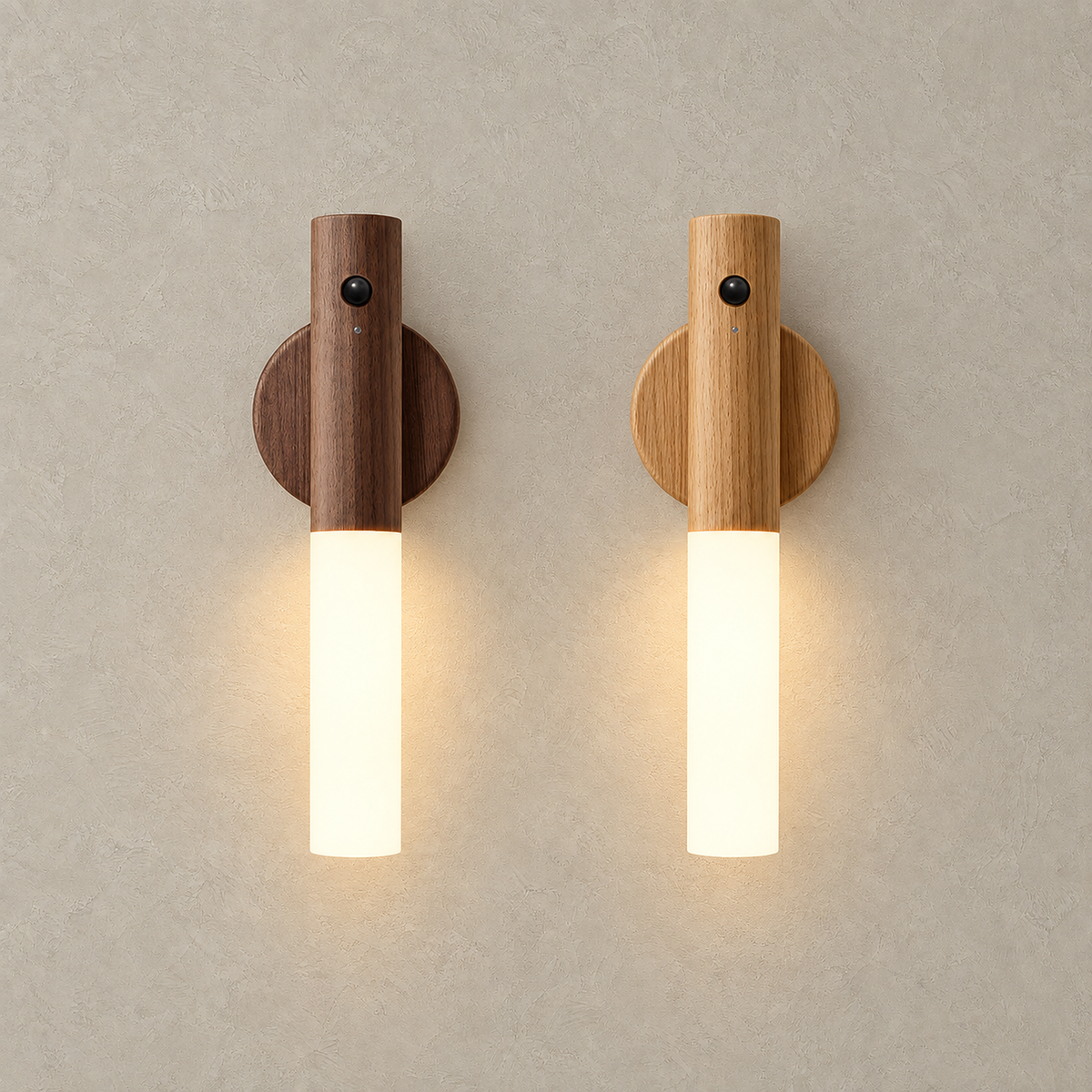 Solavre walnut and natural wood wireless wall lights glowing side by side on a plain plate