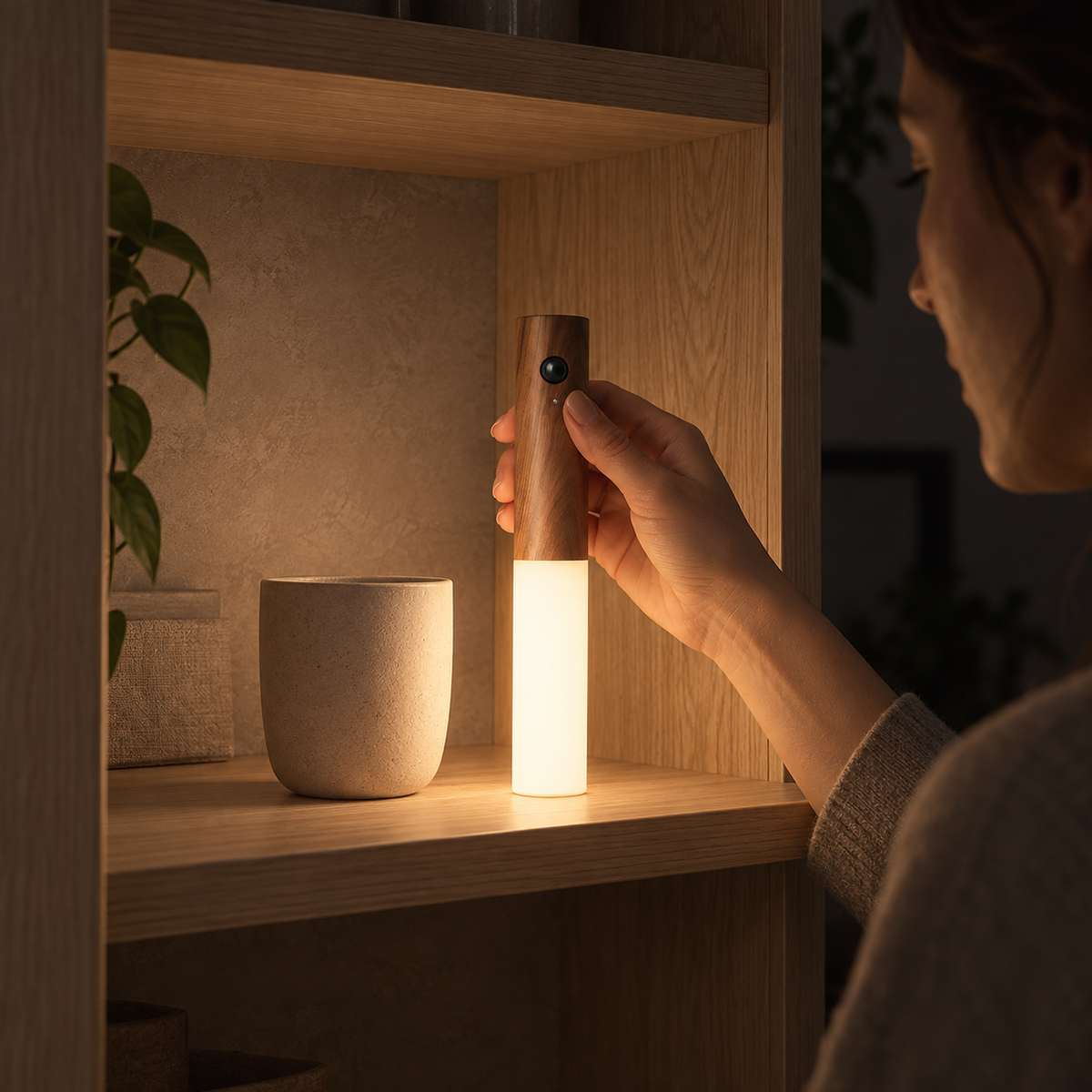 Solavre walnut battery operated wall sconce held beside a cup inside a kitchen cupboard at night