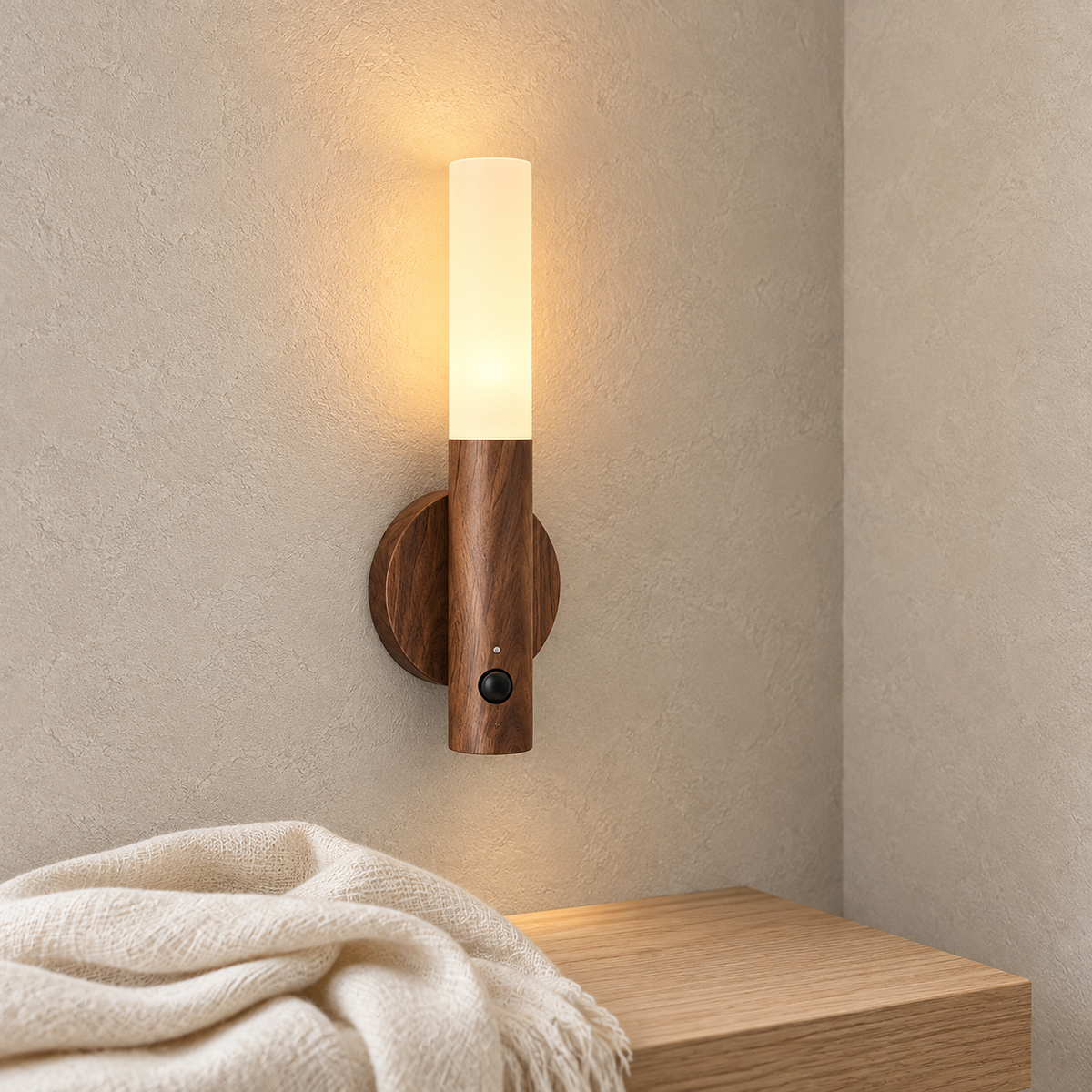 Solavre walnut wireless wall light lit above a folded scarf in a dressing room corner