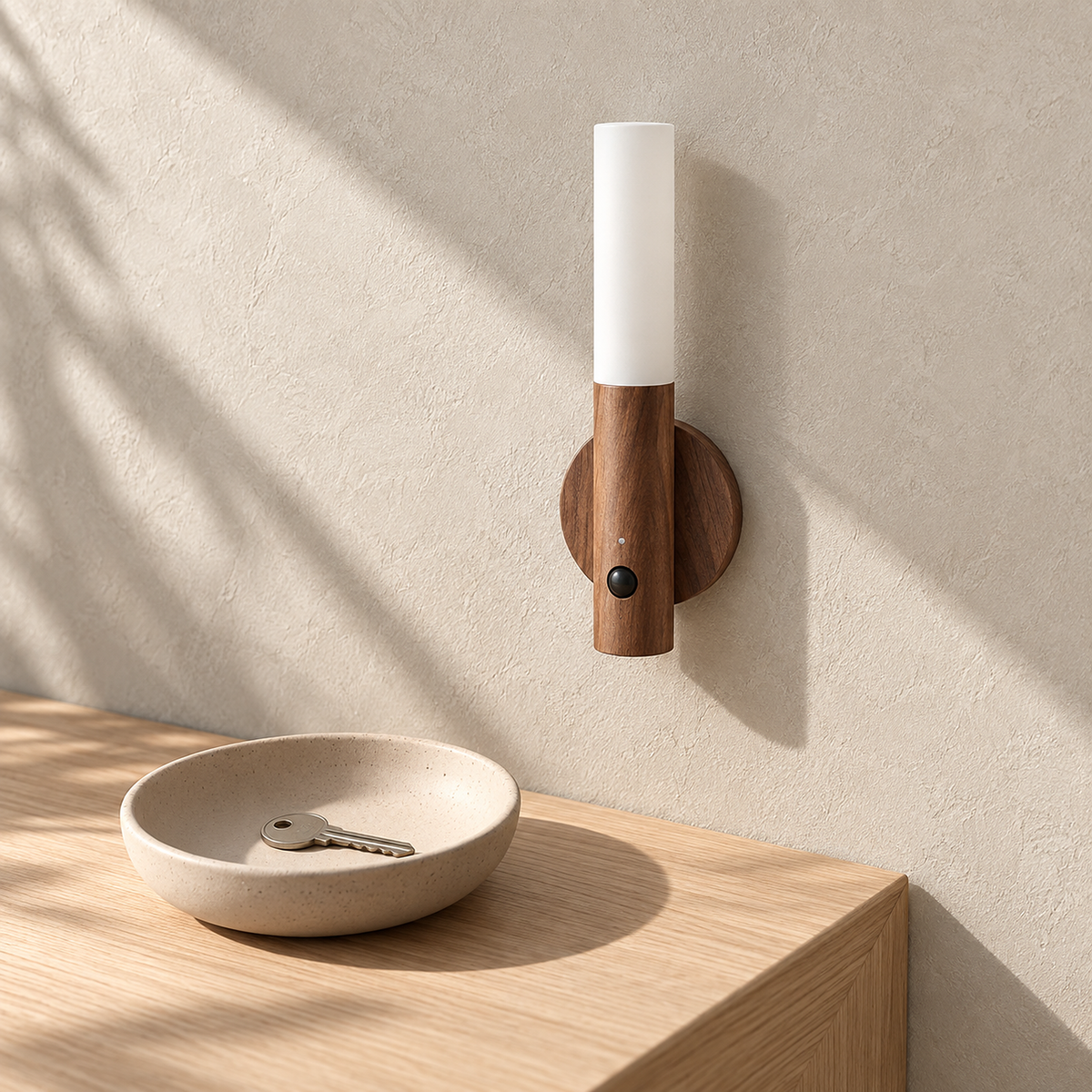 Solavre walnut wireless wall light unlit beside a catchall tray on an entry console