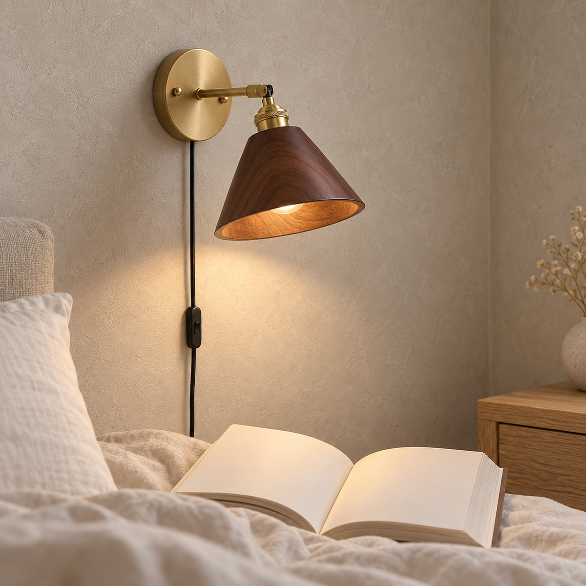 Solmeria bedside wall light in brass + walnut wood lit and angled toward an open book in a guest sleeping nook
