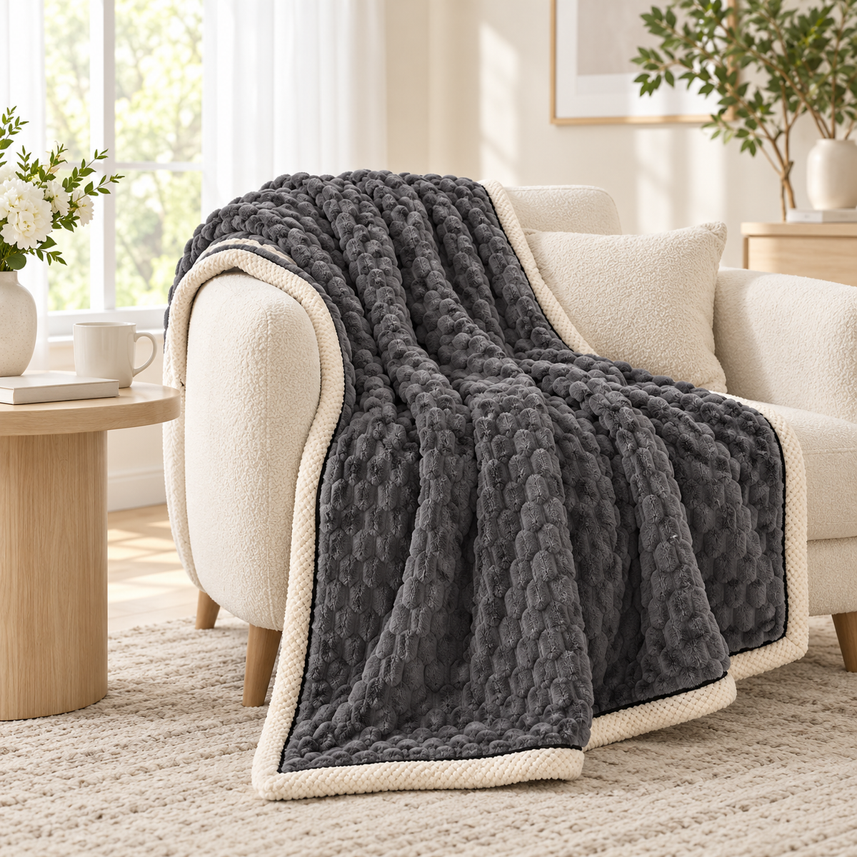 Somarel charcoal plush throw blanket hanging over the arm of an ivory chair by a north window #color_charcoal
