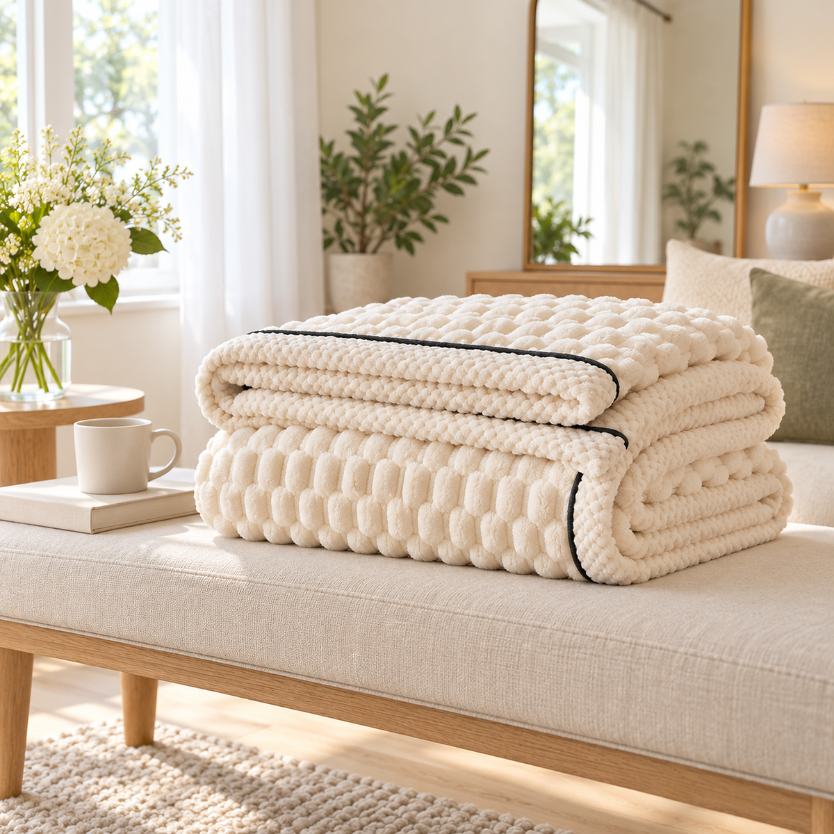 Somarel ivory cream double layer minky dot throw blanket loosely folded to show its thickness