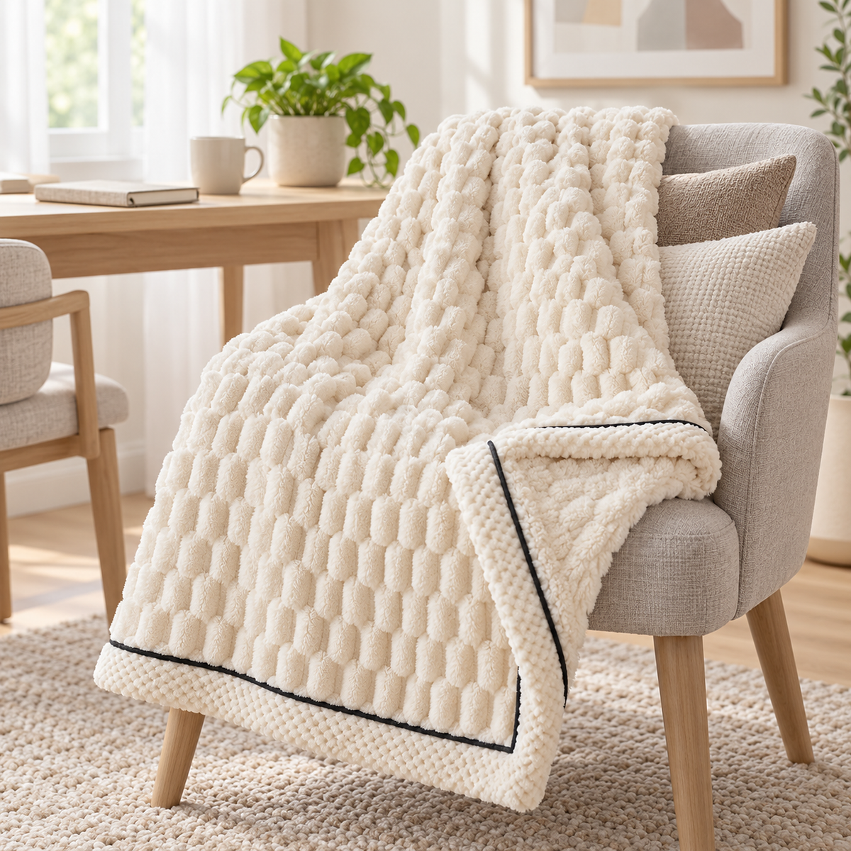 Somarel ivory cream minky dot throw blanket with one corner turned back in a quiet writing alcove