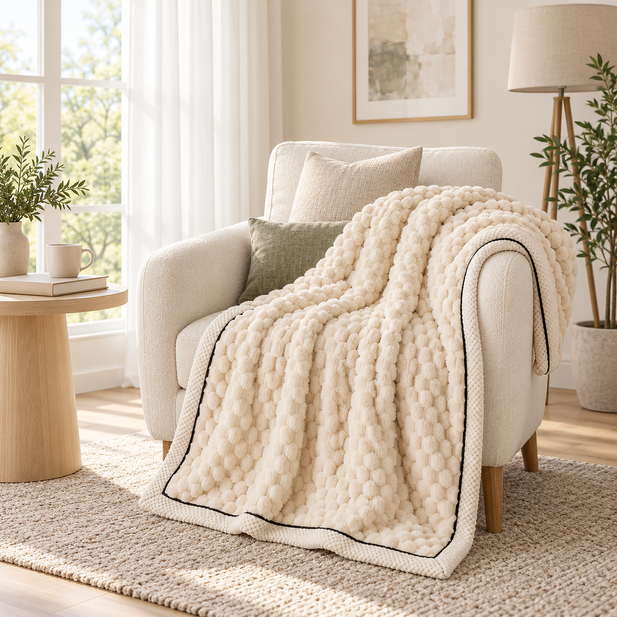 Somarel ivory cream plush throw blanket hanging over the arm of a library chair