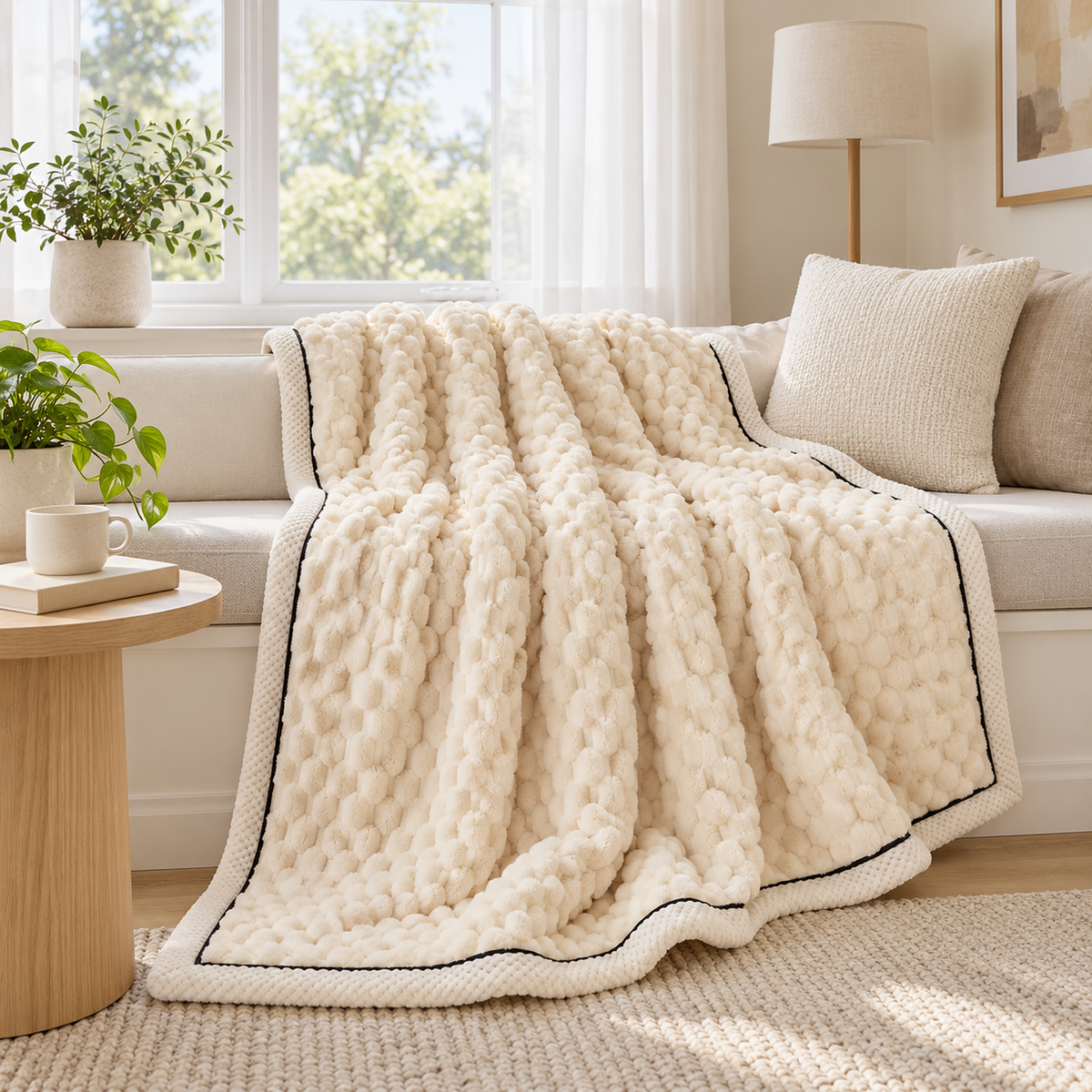 Somarel ivory cream plush throw blanket opened across a bay window seat in daylight