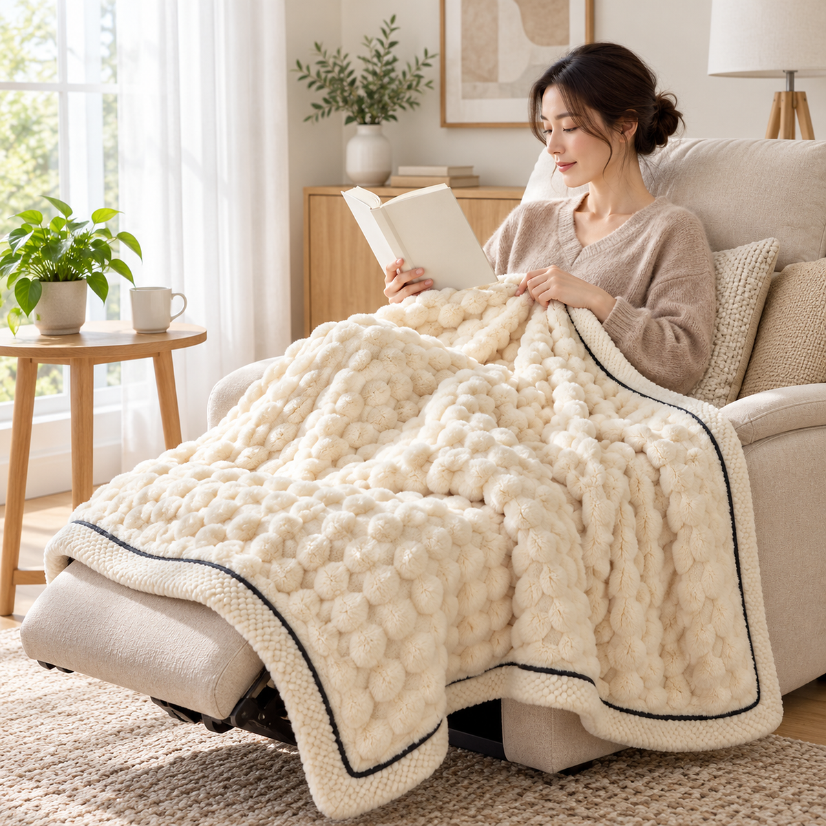 Somarel ivory cream soft throw blanket gathered in deep folds over the lap of a reader