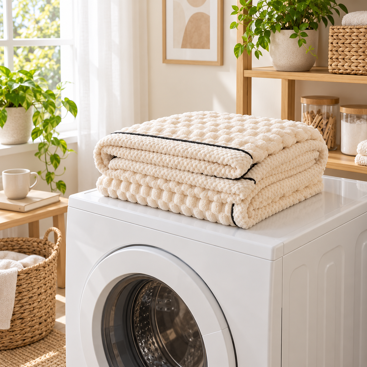 Somarel ivory cream soft throw blanket neatly folded on a front loading washing machine, machine washable