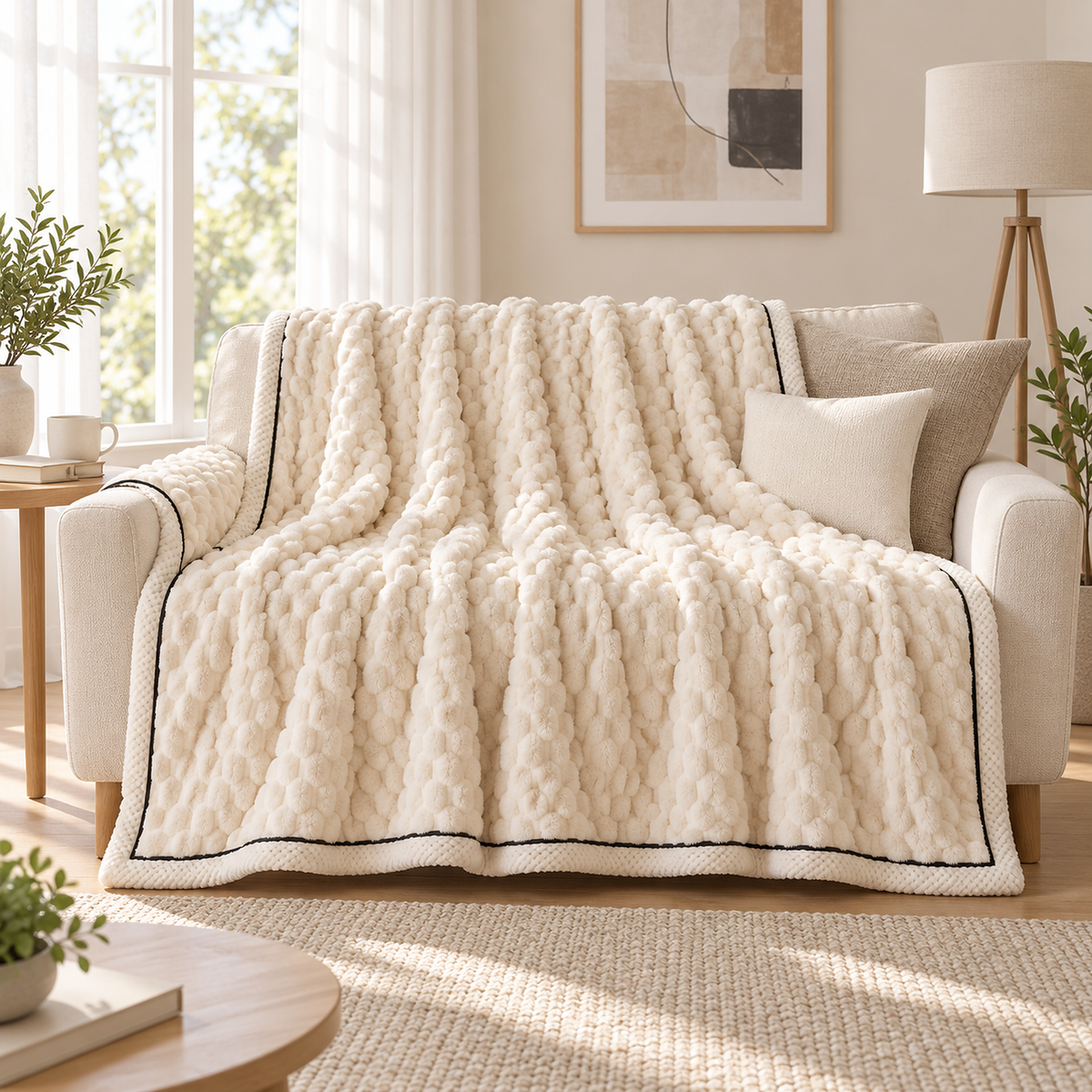 Somarel ivory cream throw blanket for couch spread across the seat of a pale loveseat