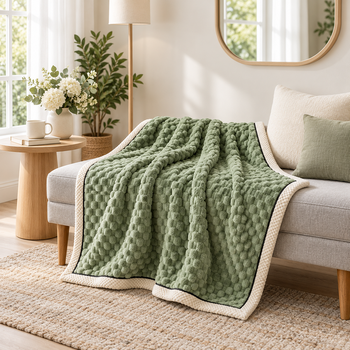 Somarel lake green throw blanket for couch opened across a pale bench in a hall sitting bay #color_lake green