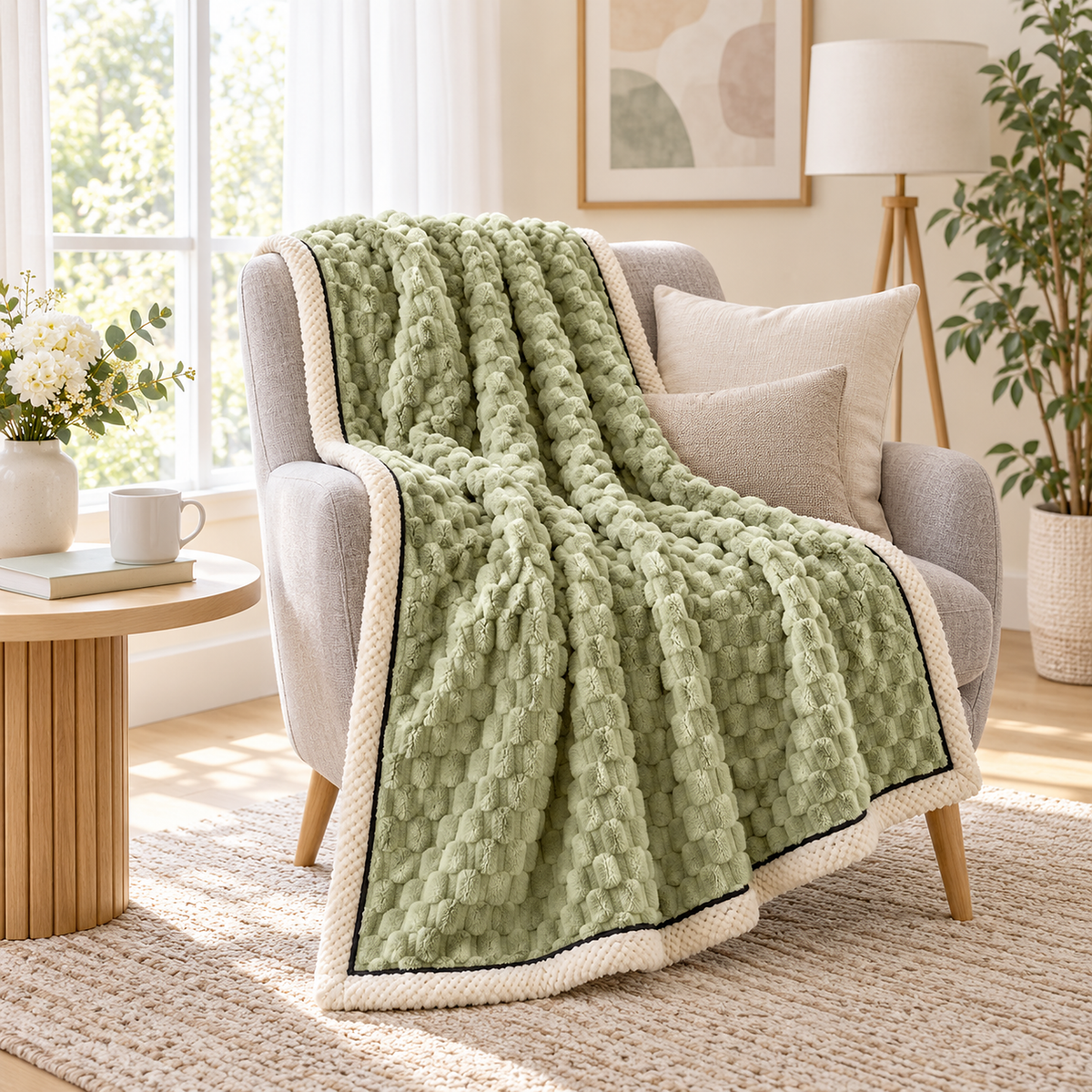 Somarel matcha plush throw blanket draped across the back of a pale chair in a music alcove #color_matcha