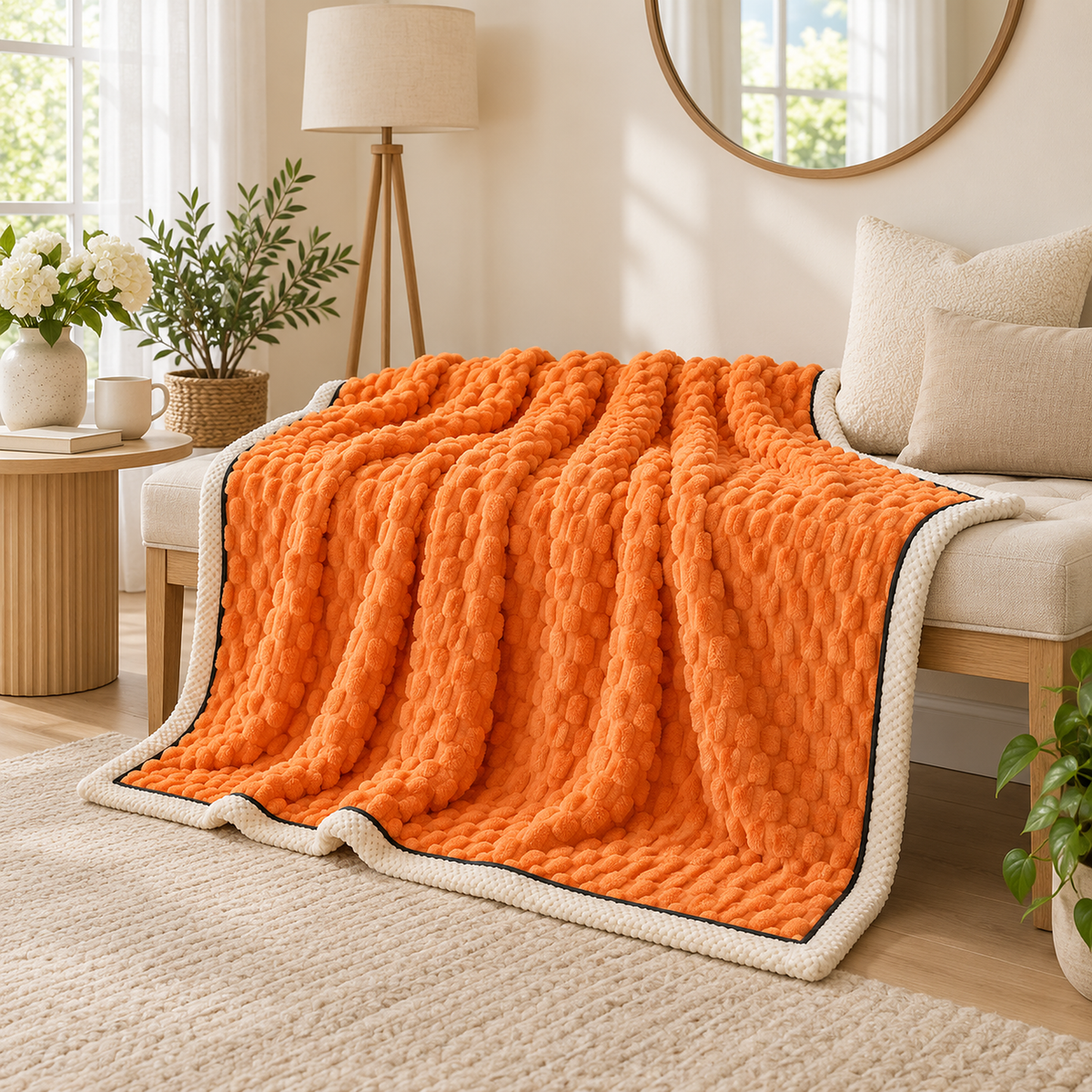 Somarel orange plush throw blanket opened over an ivory bench in an entry sitting alcove #color_orange