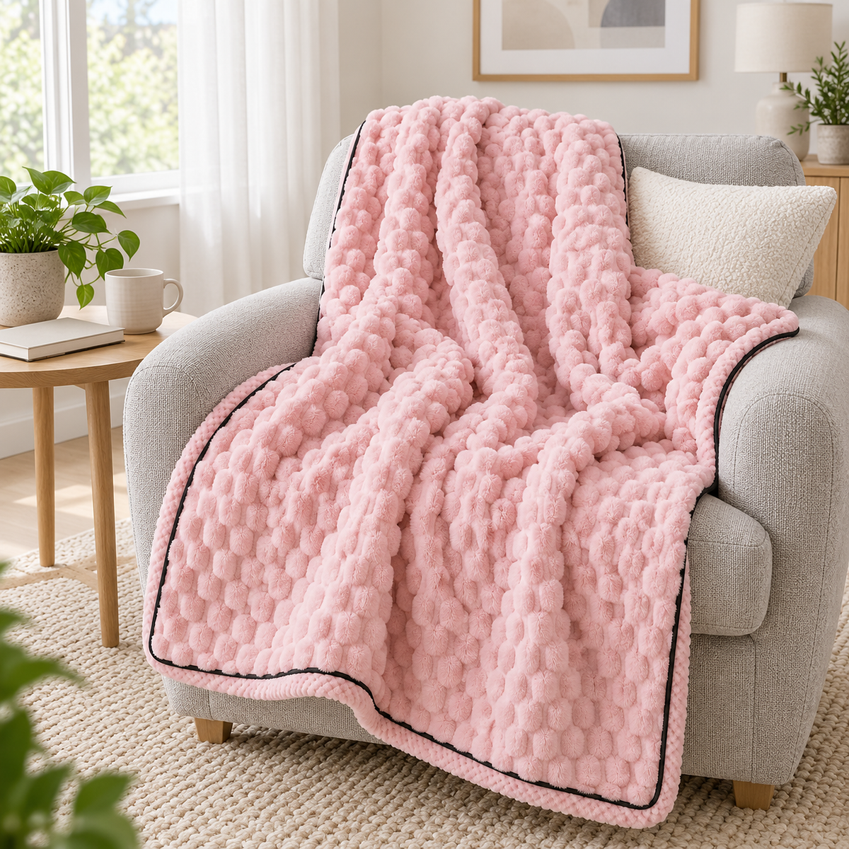 Somarel pink soft throw blanket gathered into deep folds on a chair seat in a morning corner #color_pink