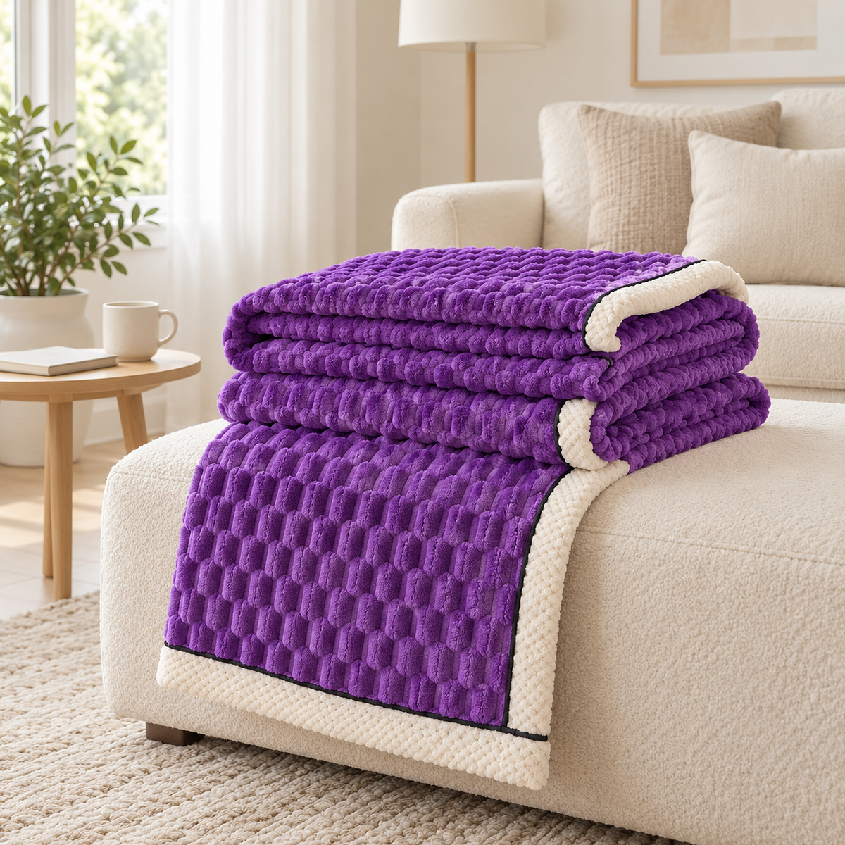 Somarel purple passion minky dot throw blanket folded loosely on an ivory footstool in a hobby alcove #color_purple passion