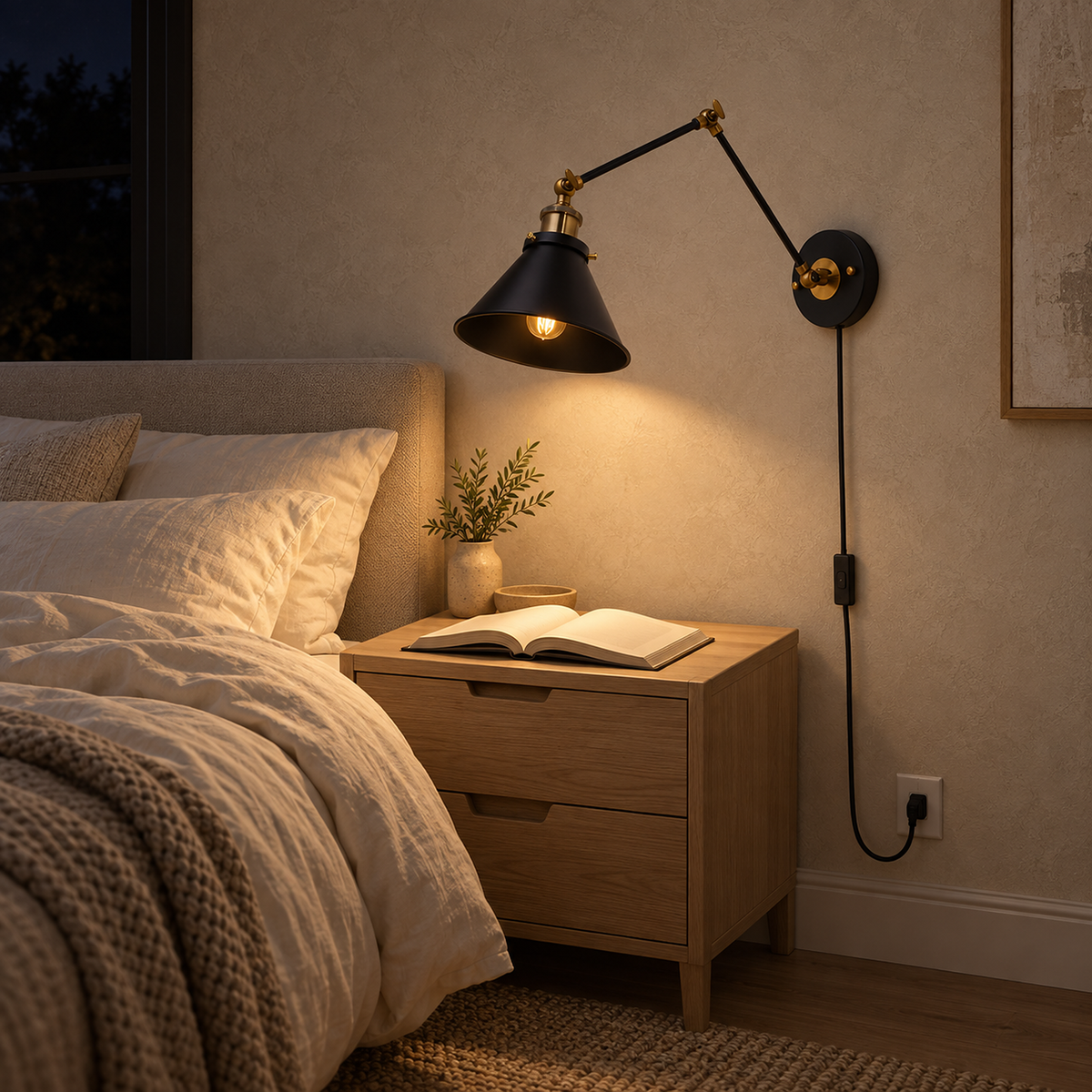 Sonatire black bedside wall light lighting an open book at night
