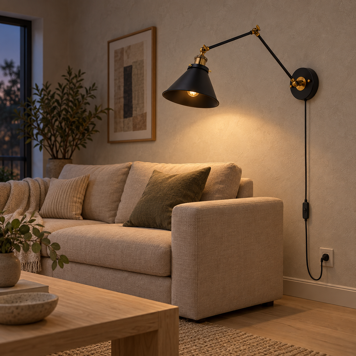 Sonatire black plug in wall lamp with its inline cord switch within reach beside a sofa
