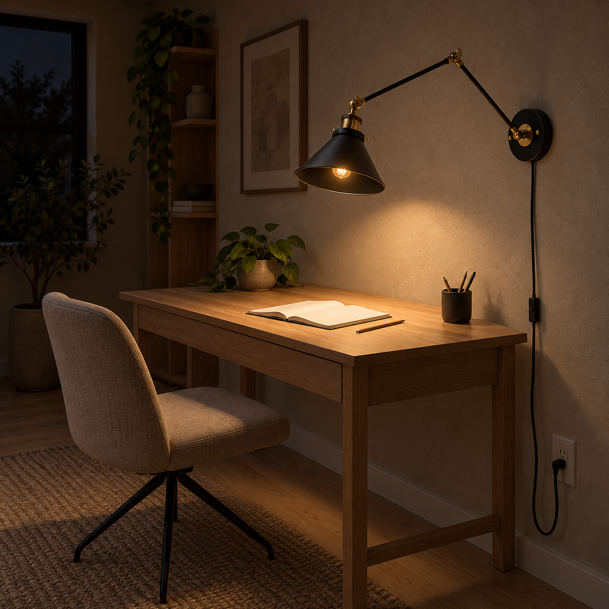 Sonatire black plug in wall light reaching over a lit home office desk at night