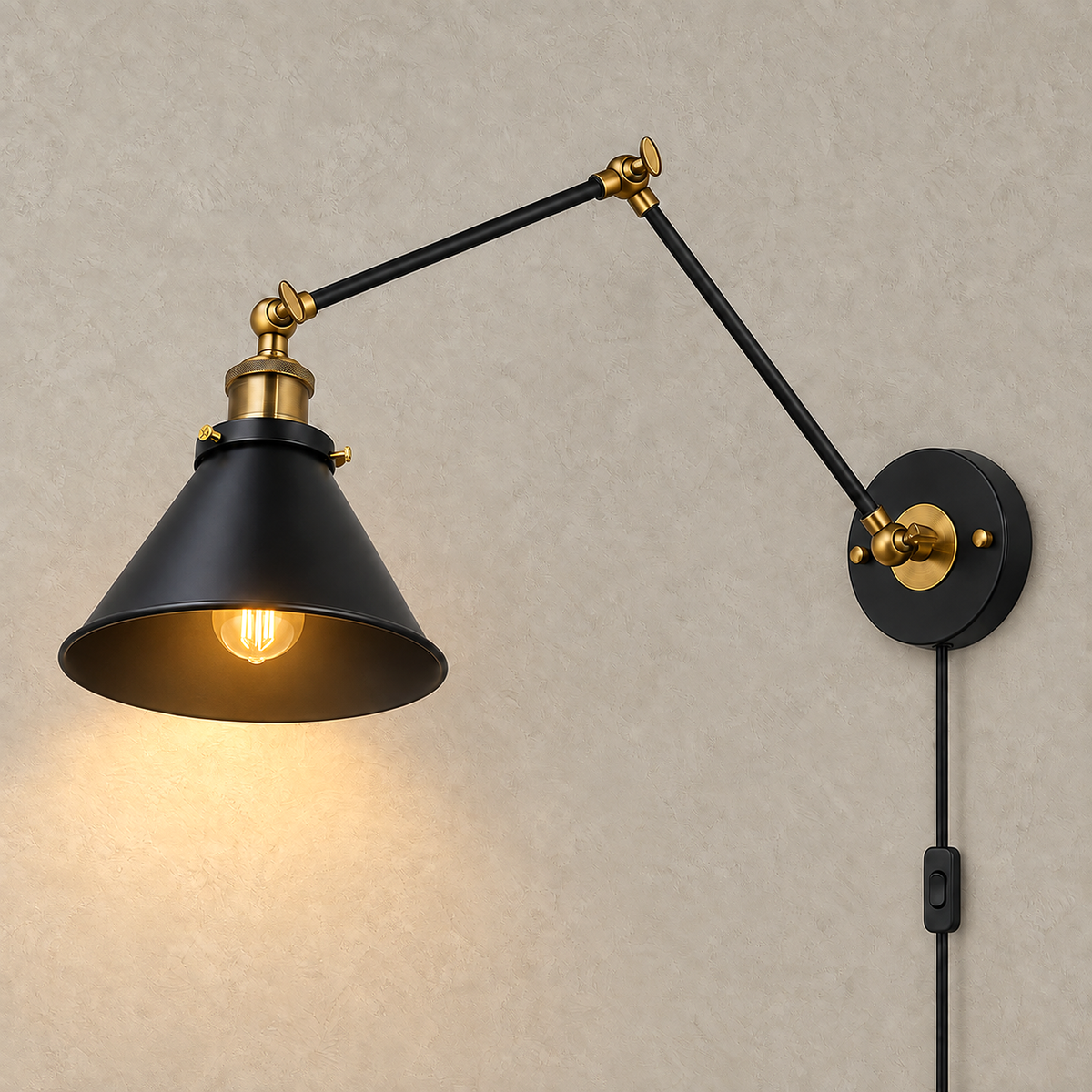 Sonatire black plug in wall sconce glowing against a greige plaster backdrop