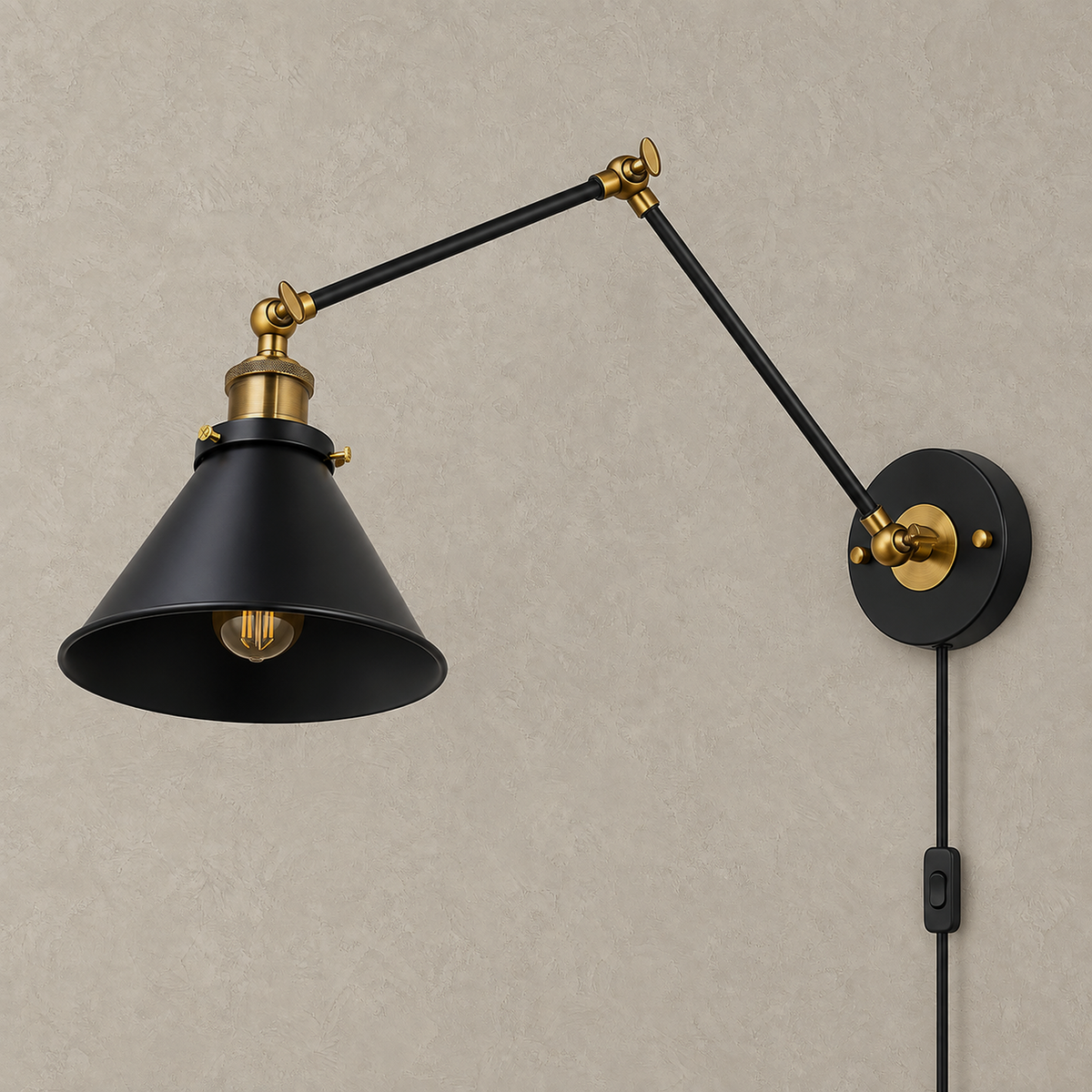 Sonatire black plug in wall sconce unlit against a greige plaster wall