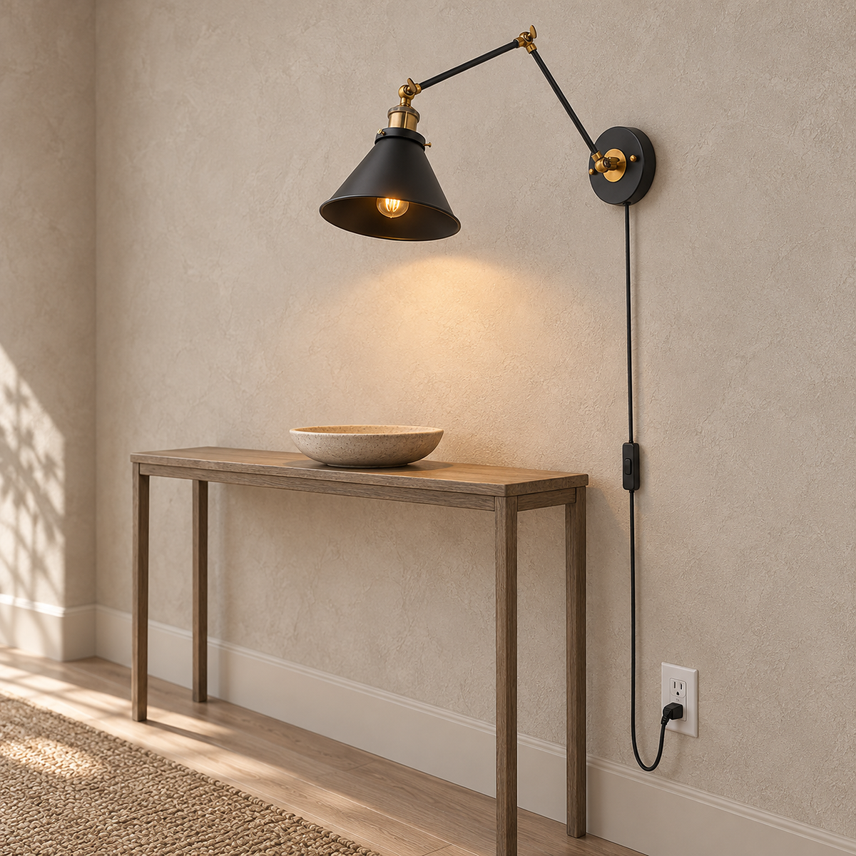 Sonatire black plug in wall sconce with its cord reaching a hallway outlet