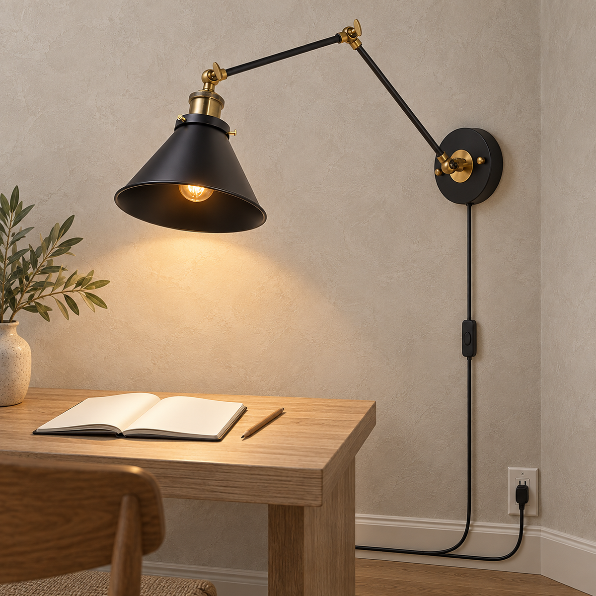 Sonatire black wall lamp lit above a writing alcove in daytime dining room