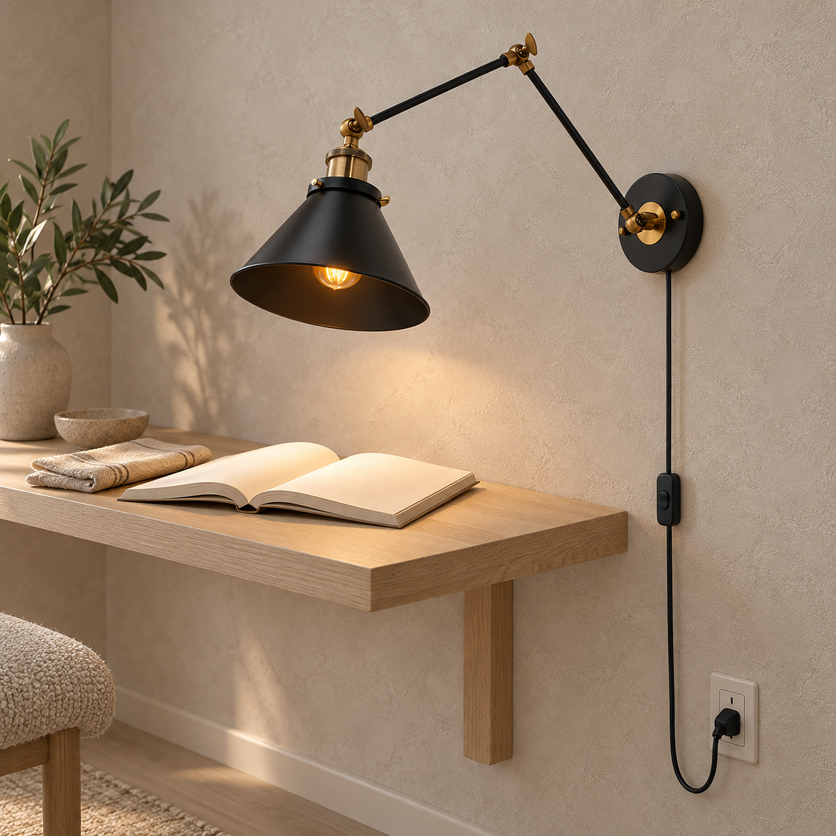 Sonatire black wall light extended over a library reading shelf while lit